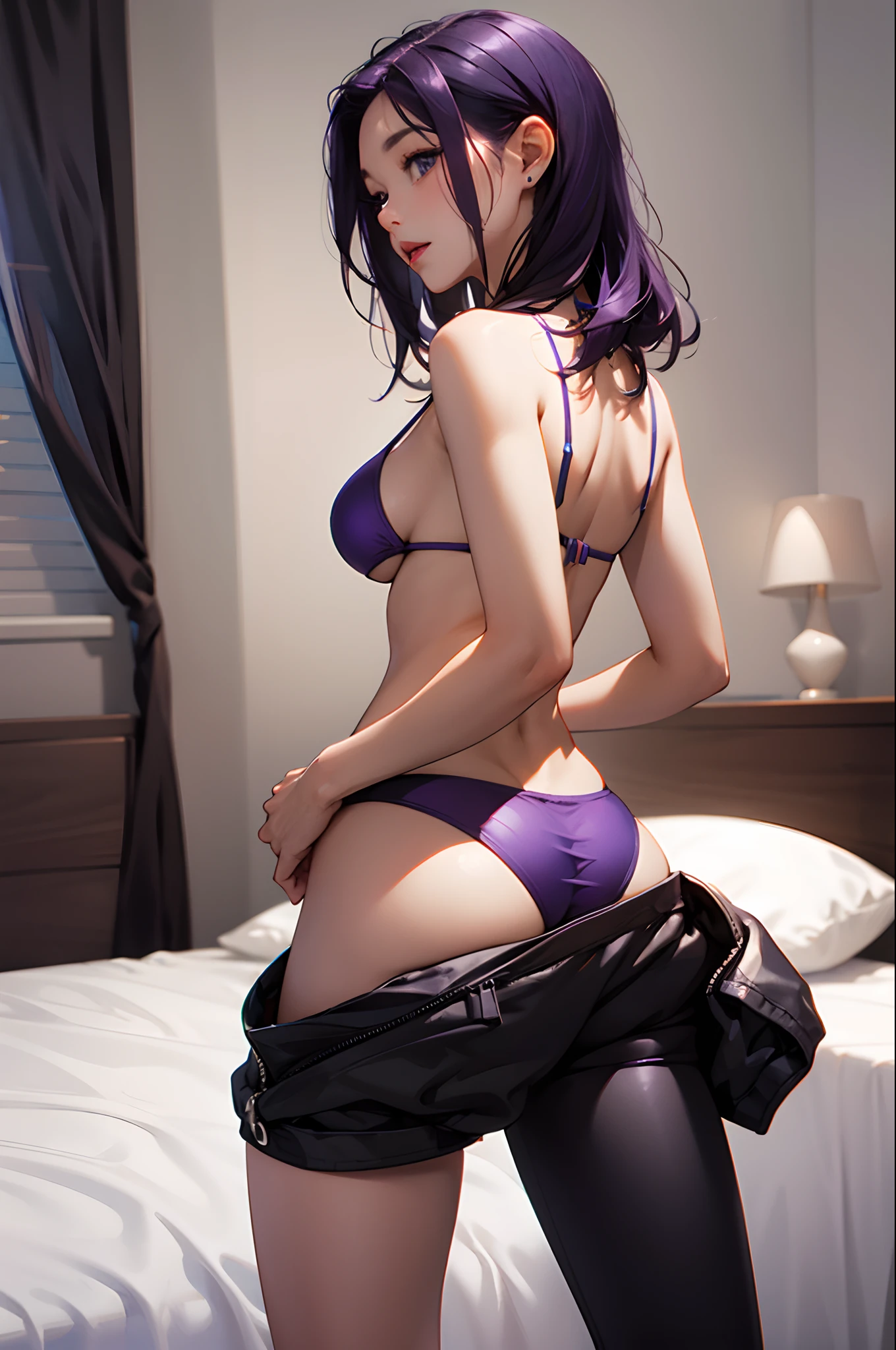 cute little , , The bikini , thick butt , cute little , beutiful breast , Dark purple hair with black accents , On the bed naked crotch open