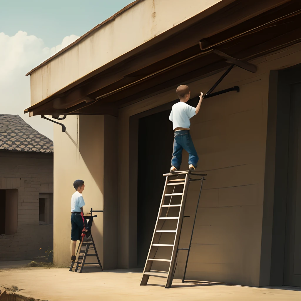 One man was on a ladder, and the other was holding a ladder, two boys