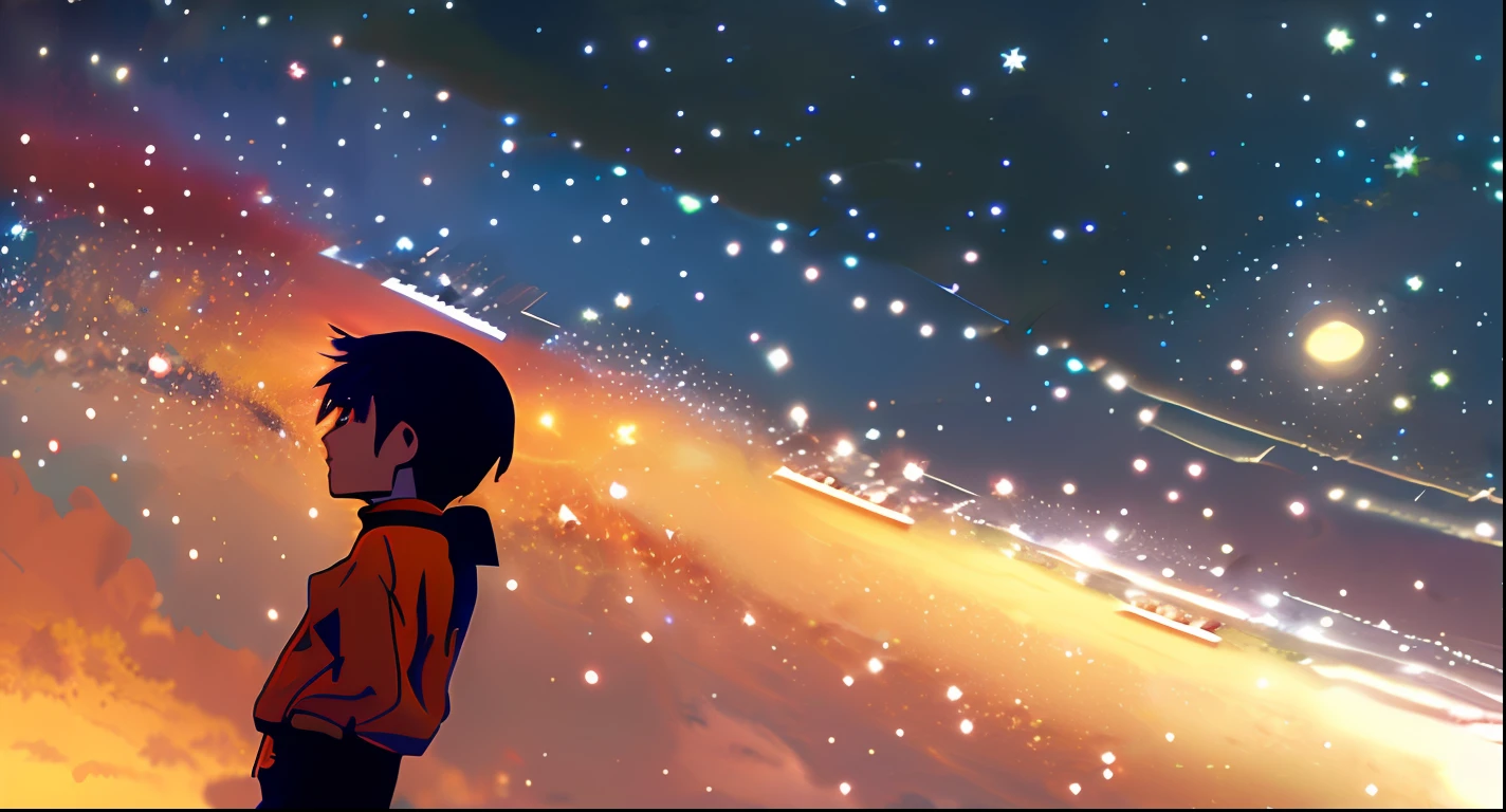 anime boy looking up at the stars in the sky, shinji, star(sky) starry_sky, lain iwakura, anime film still, mamoru hosoda, high quality anime movie still, close up of lain iwakura, planetes, makoto shinkai!!, with the sky full of stars, makoto shinkai!