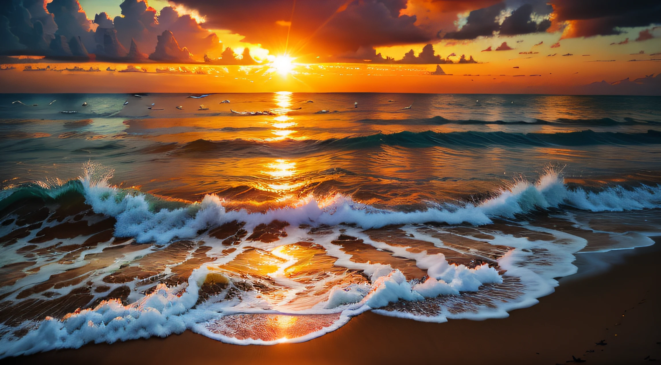An absolutely mesmerizing sunset over the beach, with a blend of oranges, pinks, and yellows filling the sky. Crystal-clear waters of the sea gently kissing the shore, with sandy white beach stretching far and wide. The scene is dynamic and breathtaking, with seagulls soaring high in the sky and gently swaying palm trees. Take in the calming atmosphere and let the peacefulness wash over you.