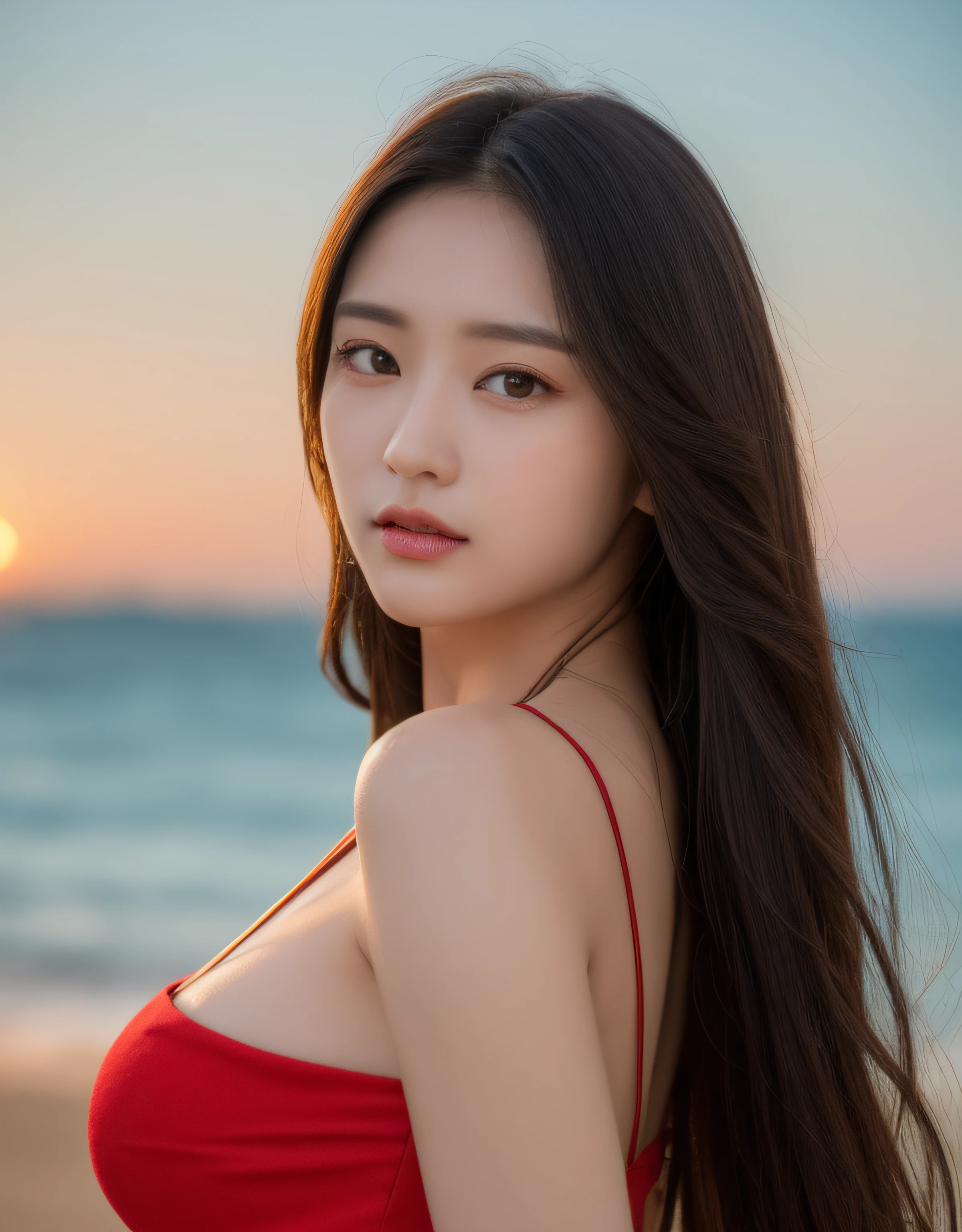 (Daytime, Excellent, 8K, Masterpiece:1.3)), Full body, Long legs, Focal length: 1.2, Perfect Body Beauty: 1.4, Slim Abs: 1.1, ((Dark Brown Hair, Big Breasts: 1.2 )), (Red Dress, Standing: 1.2), ((Sea, dawn: 1.3)), Highly detailed face and skin texture, Detailed eyes, Double eyelids, Flying long hair