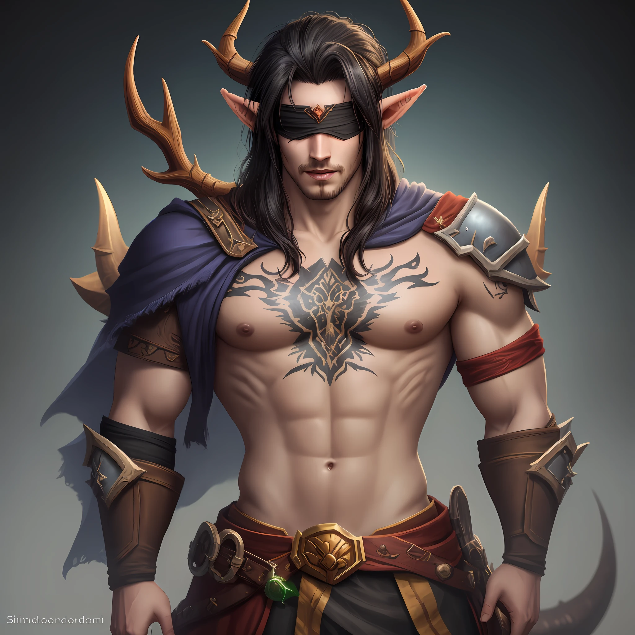 Warcraft, DEMON HUNTER, Blood Elf, ember, blindfold, antlers, black hair, Half-demon, Male, guy, scales on the skin, hairlong, male, man, Half-demon man, Young Elf Man, Blindfolded, scaled skin, Demon Tail, One character, Tatoo, Illidari, One character in the image, Sindorai, world of Warcraft, male elf, male bloodelf