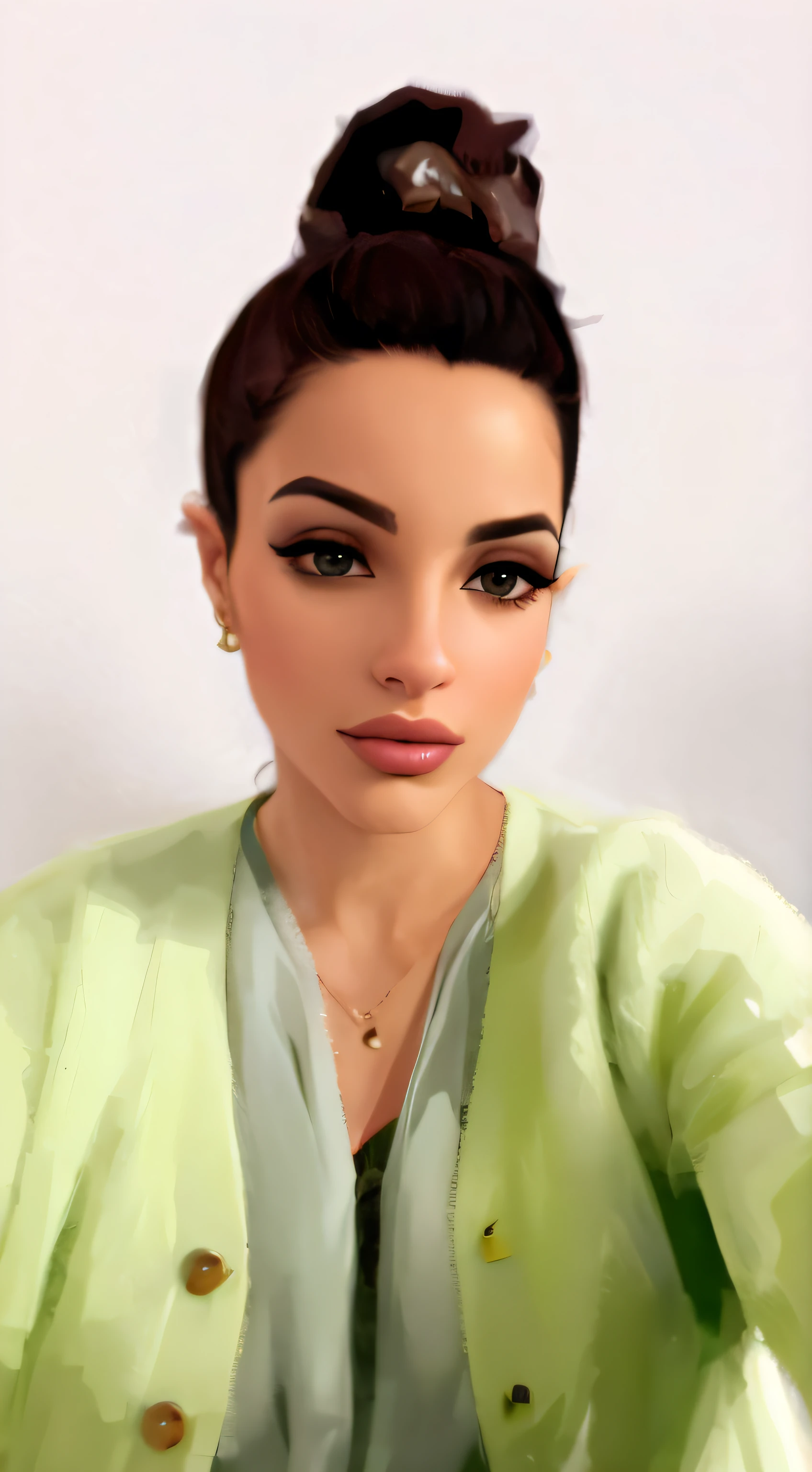 There is a digital painting of a woman in a green jacket, No estilo de arte de Bowater, estilo de arte realista, realismo artstyle, desenhos animados realistas, pintura digital dos desenhos animados, pessoa realista, estilo de arte fotorrealista, Retrato NFT, rosto realista detalhado, arte digital de um elegante, adolescente hiperrealista, imagem de arte digital, Realistic portrait, estilo de arte realista, pode fazer um avatar a patir desta imagem?
