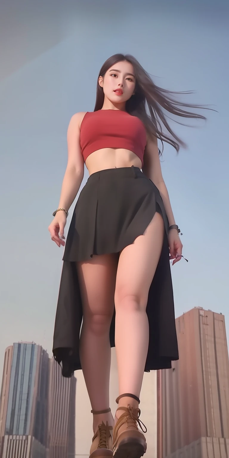 "A towering giantess dressed in a cool, laid-back hippie style，Rocking crop top and miniskirt。Her toned and toned figure hints at her immense strength，The viewing angle is from below，The sheer majesty and power of the giantess is emphasized。