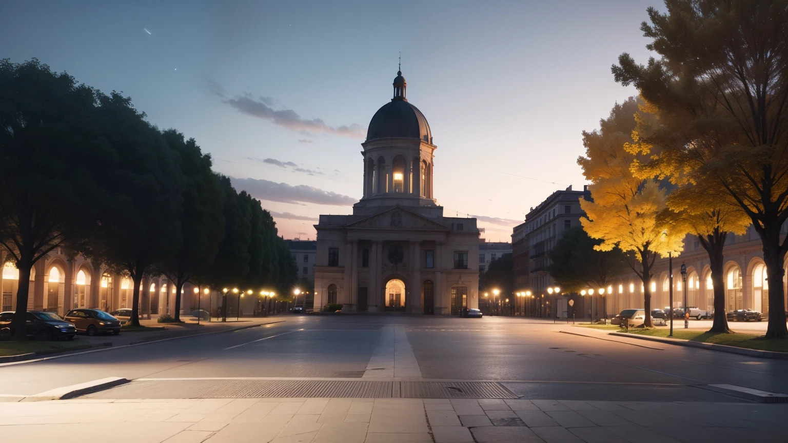 Tree-lined square with central space for monument and clear sky, 8k, RTX, sol, calor, cena de filme.