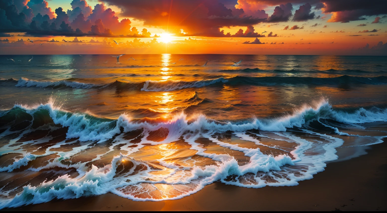 An absolutely mesmerizing sunset over the beach, with a blend of oranges, pinks, and yellows filling the sky. Crystal-clear waters of the sea gently kissing the shore, with sandy white beach stretching far and wide. The scene is dynamic and breathtaking, with seagulls soaring high in the sky and gently swaying palm trees. Take in the calming atmosphere and let the peacefulness wash over you.