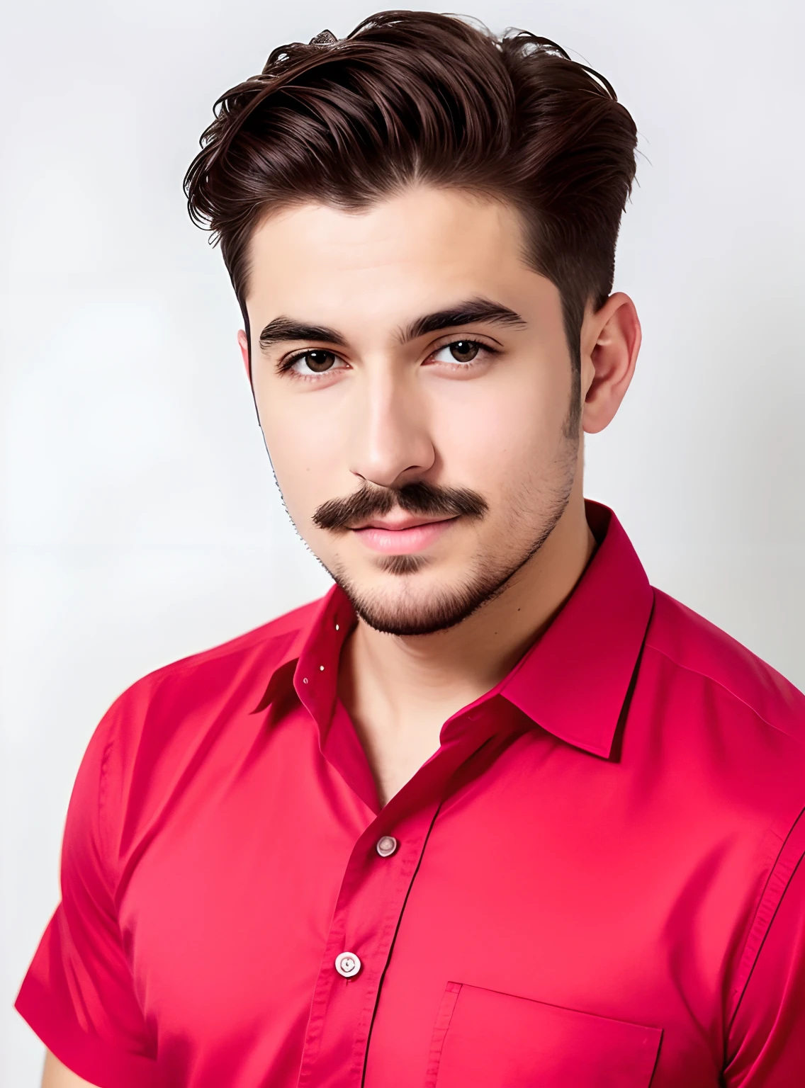 there is a man with a beard and a pink shirt, new song, tiktok video, very very low quality picture, light stubble with red shirt, ayan nag, with mustache, profile pic, portait photo profile picture, good looking face, low quality video, youtuber, with lovely look, with accurate face, trending on tiktok, edited in photoshop