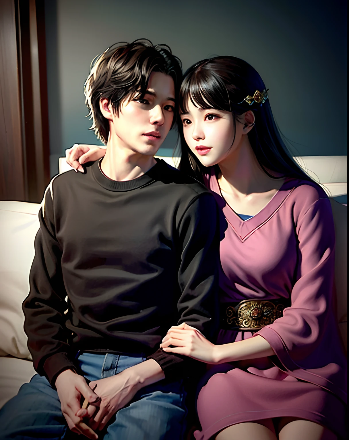 illustration of a couple sitting on a couch hugging each other, by Gee Vaucher, by Yanagawa Nobusada, by Jin Nong, manhwa, korean art nouveau anime, romantic couple, lovers, lofi art, by Sim Sa-jeong, man and woman in love, lo-fi illustration style, by Jeong Seon, kissing together cutely