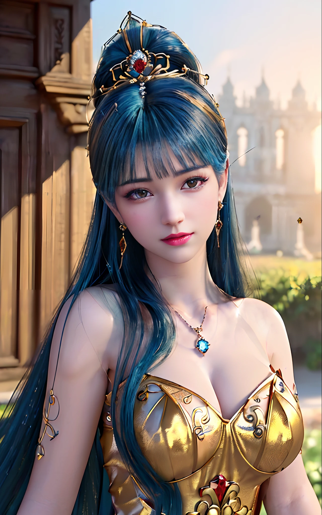 ((realisticity: 1.2)), ((best resolution: 8K UHD)), best quality,masterpiece,highres,cg,
((1 super detailed and super realistic girl)), ((very beautiful queen dazzling, super realistic, and super detailed)),((white skin, beautiful, smooth, youthful, super realistic and super detailed
)), long hair, ((super realistic and super detailed dress)), solo, ((super realistic, super beautiful, gorgeous and super detailed jewelry)), ((super beautiful, super realistic and super detailed dark red and golden yellow dress)),
((super beautiful, super realistic, super detailed diamond filled earrings)),
((super beautiful, super realistic and super detailed diamond filled hair ornament)), ((super beautiful upper body, super beautiful, super realistic and super detailed)), ((big breasts: 2.5)),
((super grand, super realistic and super detailed royal palace backgroun))
((super beautiful, super beautiful, super realistic and super detailed hair bun)), ((super beautiful, super realistic and super detailed blue hair)),
candid, Photograph, high resolution, 8k,Bokeh,