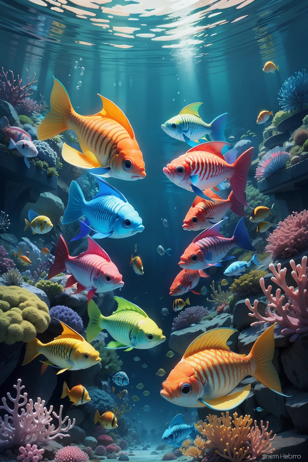 Hermosos peces de colores nadando entre corales