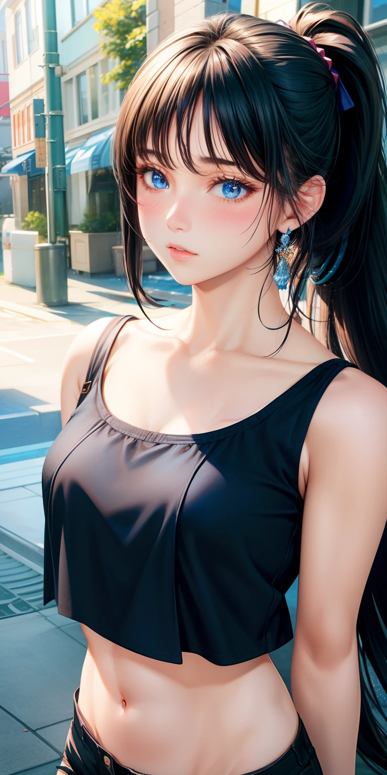 realistic, 1girl, black hair, blue eyes, crop top, short pants , masterpiece, blush, ponytail