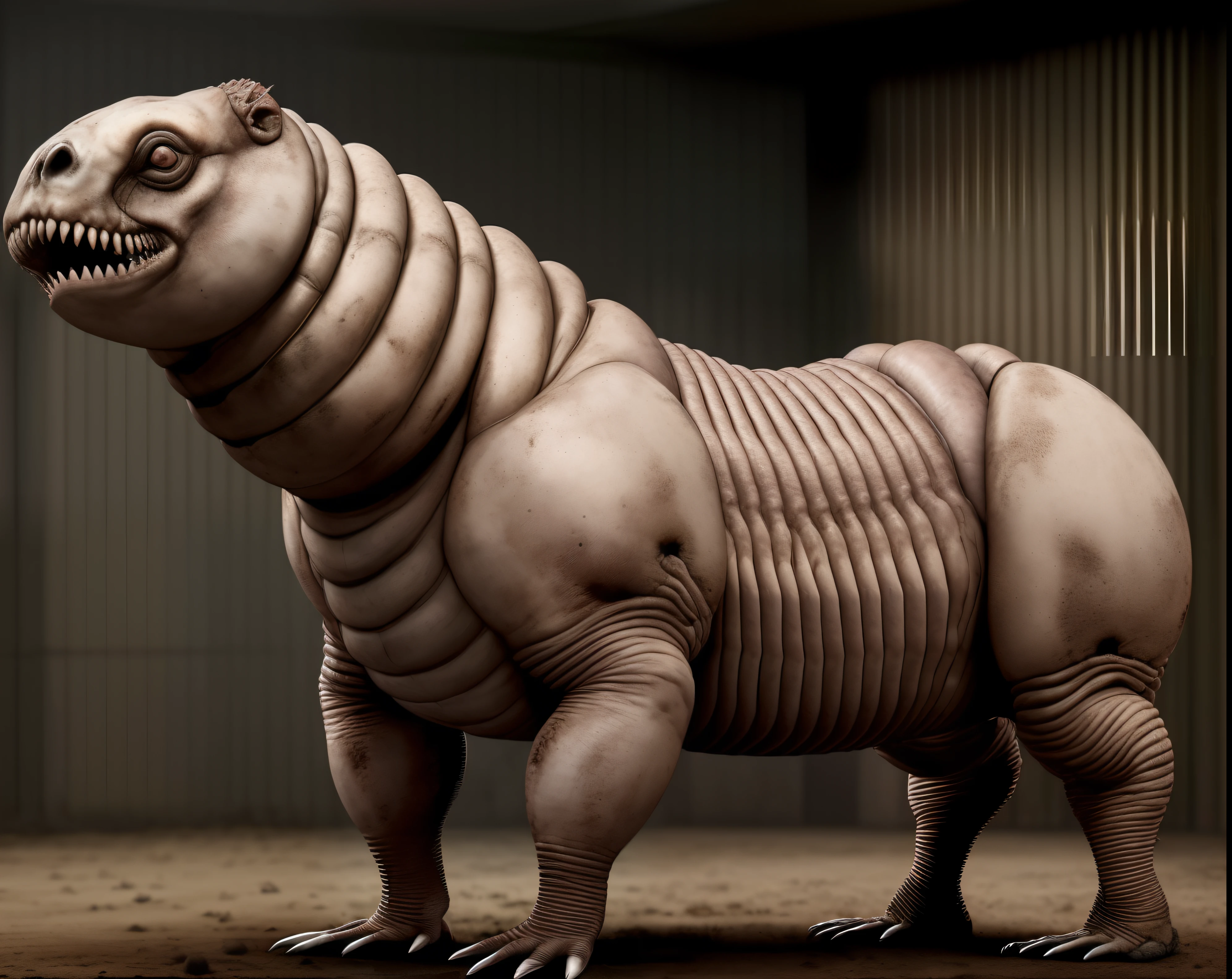 Criatura musculosa e aterrorizante, monstro hiper realista, assustadora criatura de carne mutante, Monstros humanoides rastejantes, cena de pesadelo hiperrealista, human-animal hybrid, alta resolução, cena cinematografica, full screem.