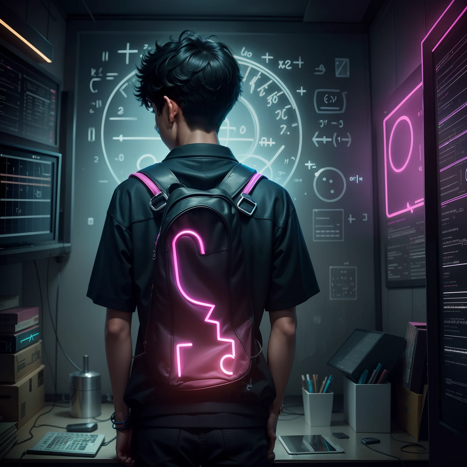 A teenager boy thinking about complex mathematical equations , there are symbols of pi, integration etc in background with neon lights, backview