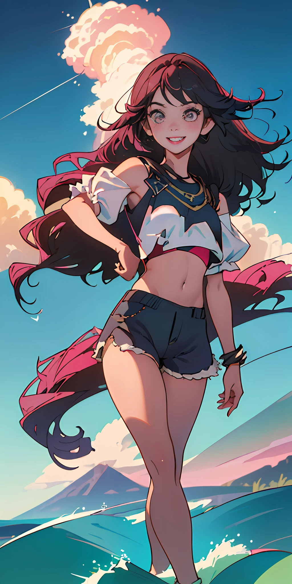(melhor qualidade, obra-prima), 1girl, pose de pata, sorriso, rindo, oceano, crop top, shorts, rosa, pele lisa, blush, olhando para o espectador, cabelo liso, nuvem, salpicando, ondas, sol, montanha, molhado