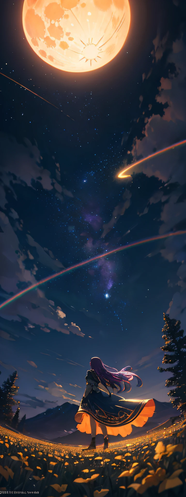 Vast landscape photo, (viewed from below, the sky is above and the open field is below), a girl standing on a flower field looking up, (full moon: 1.2), (meteor: 0.9), (nebula: 1.3), distant mountains , Trees BREAK Crafting Art, (Warm Light: 1.2), (Fireflies: 1.2), Lights, Lots of Purple and Orange, Intricate Details, Volumetric Lighting, Realism BREAK (Masterpiece: 1.2), (Best Quality), 4k, Ultra-Detailed, (Dynamic Composition: 1.4), Very Detailed, Colorful Details, (Rainbow Colors: 1.2), (Glow Lighting, Atmospheric Lighting), Dreamy, Magical, (Solo: 1.2)