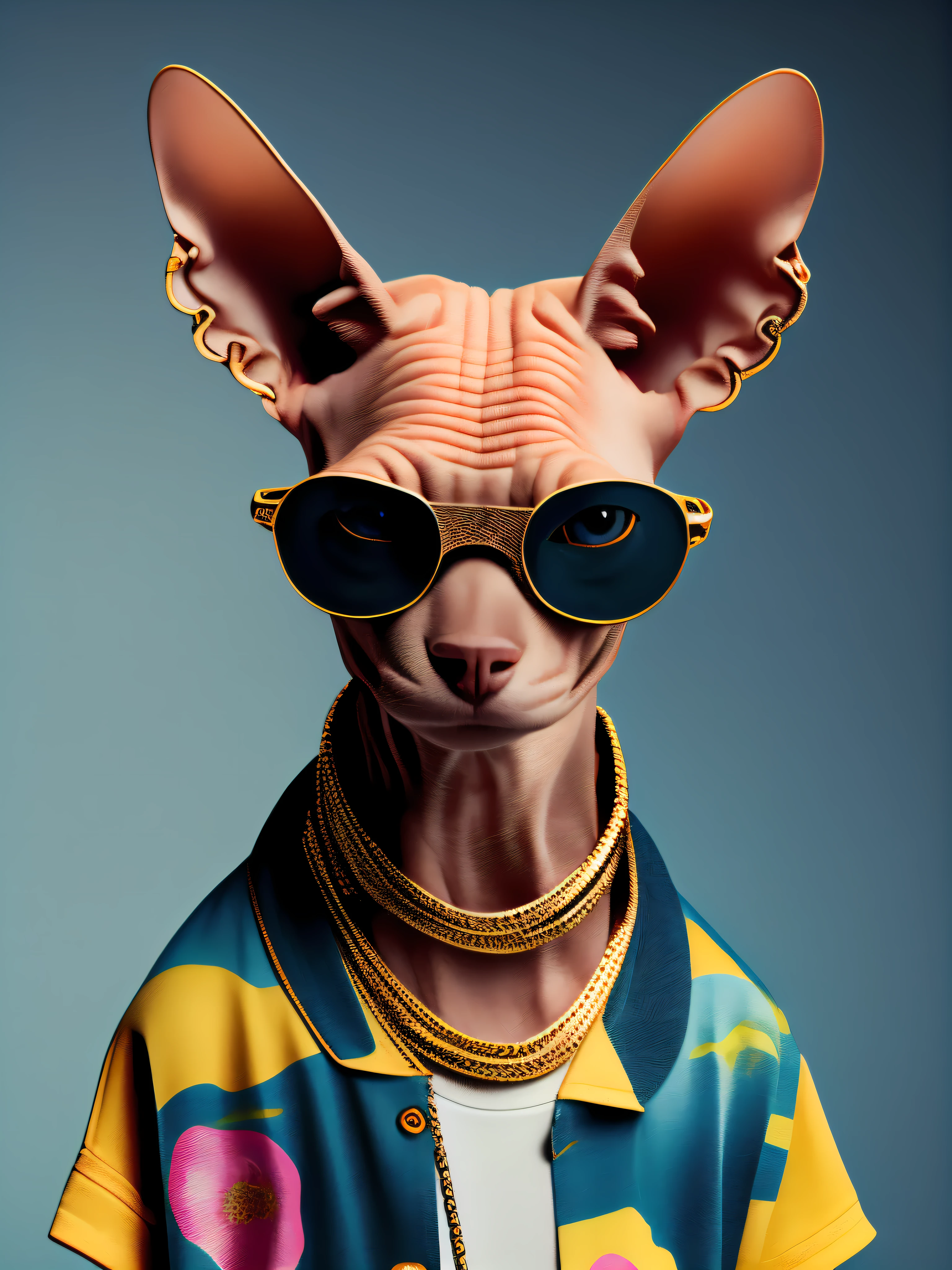 a hairless cartoon cat wearing sunglasses and a flowered shirt with a chain around its neck and earrings in its ears