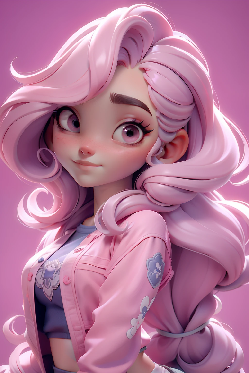 Avatar , cabelos rosa,, olhos claros, feliz