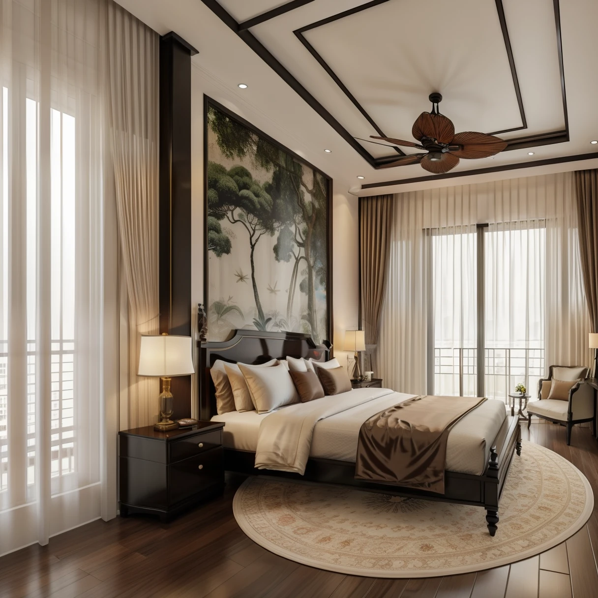 indochina style , bedroom design, black funiture, 1 wardrobe, 1 bed, 1 floor carpet, high-rise plaster ceiling, 1 white curtain with glass wall, luxury, surreal, 8k resolution, render vray, rendered by unreal engineer 8k, best quality, super product, masterpiece, super detailed, extremely detailed, 
Indochine style, round and jerky ceiling