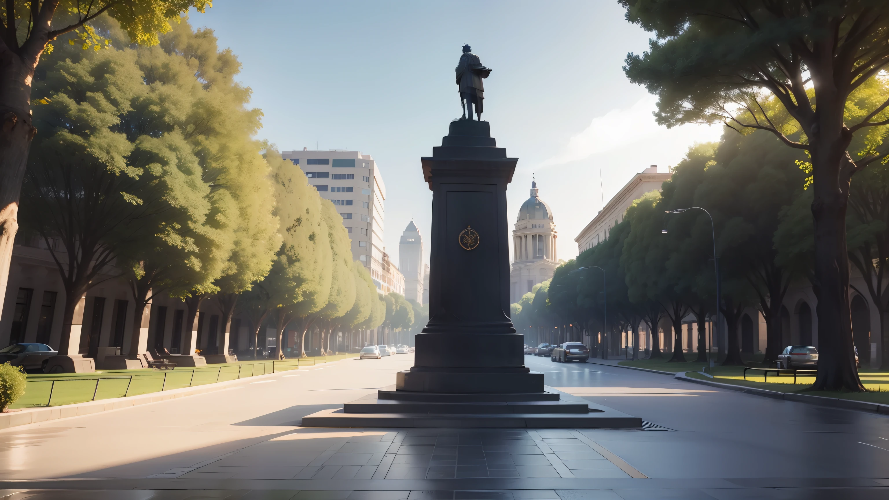 Tree-lined square with central space for monument and clear sky, 8k, RTX, sol, calor, cena de filme.