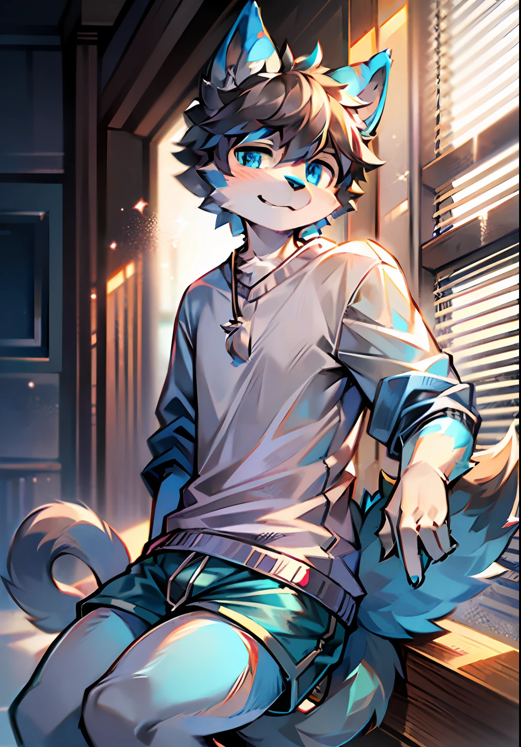 eyes with brightness, in a panoramic view, Character Focus Solo, shaggy, Furry male cat, Blue-white fur for men, blue color eyes, Gray hair(The long),Wear blue shorts and shorts,CasualClothing,Young style,height of one meter seven,handsome, There is a tail,
