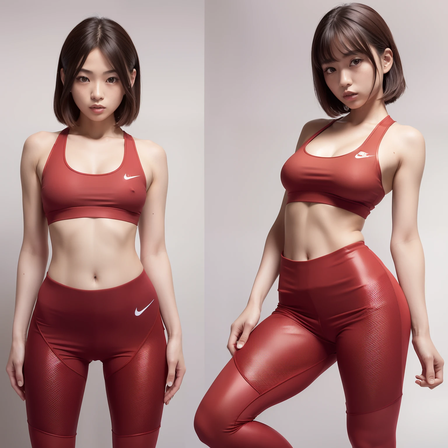 (Solo), (a detailed full-body RAW photo of a girl), (masutepiece:1.0), (Best Quality:1.4), (超A high resolution:1.2), (Photorealistic:1.4), 8K resolution, Canon EOS R5, 50 millimeters, absurderes, ultra-detailliert, (30yo), back focus, Cinematic lighting, Detailed beautiful face, (no-makeup:1.2), (ulzzang -6500-v1.1), petite figure, Detailed skin texture, (flat chest:1.4), (skinny and fit body:1.6), Detailed brown hair,  sweltering,(Very short hair:1.5), See Through wear, (shine red Nike Wet Thin Competition Athletic Wear and spandex sports tights:1.5), More transparent, low rise, realistic glistening skin, Detailed texture, (erect nipples:1.5), stylish pose, (satomi ishihara:0.9), Cameltoe, well-developed abs,
