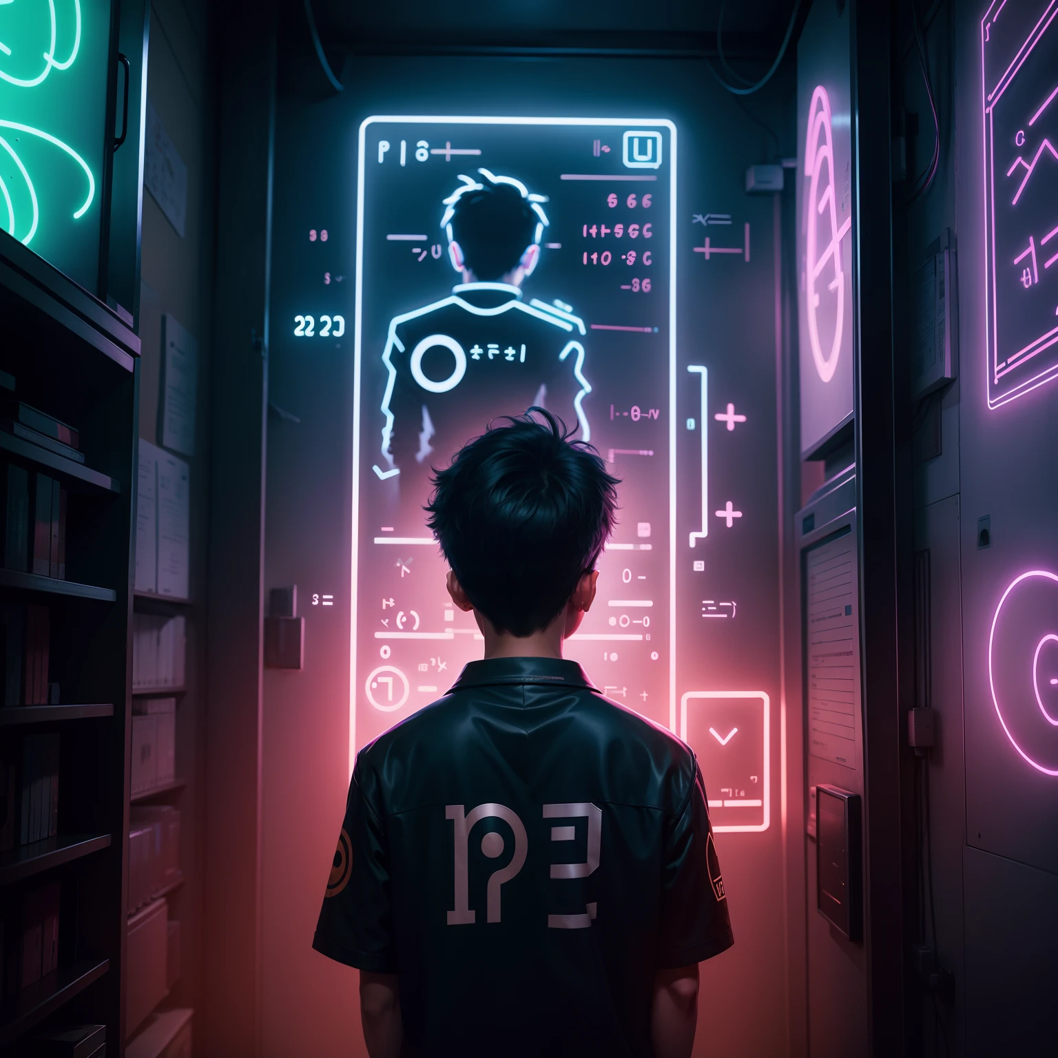 A teenager boy thinking about complex mathematical equations , there are symbols of pi, integration etc in background with neon lights, backview, realistic