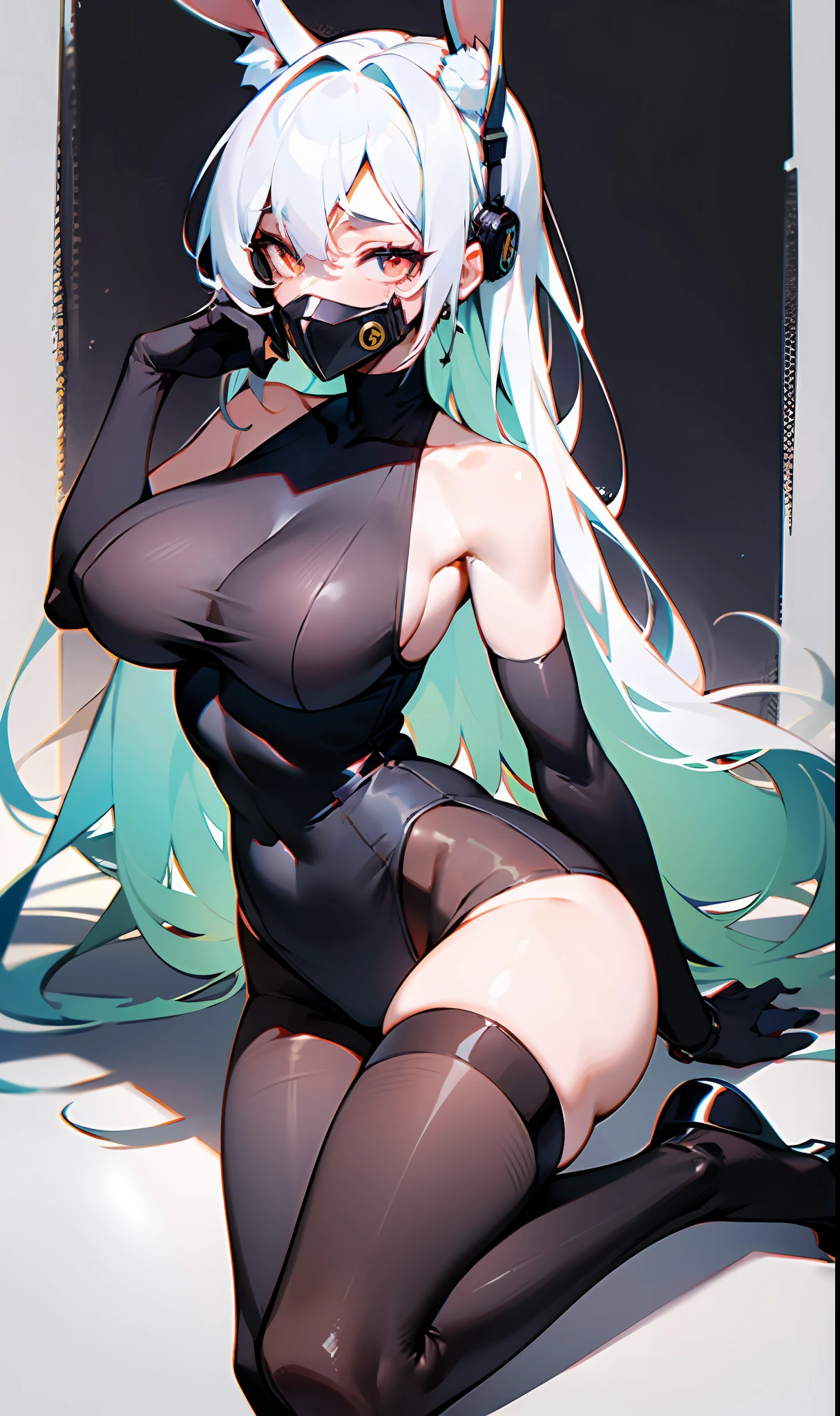 ((Masterpiece, best qualtiy)),exquisitedetails,simple backgound,Delicate light,Ray traching,Perfect texture, Kantai collection style, one-girl,white sleeveless vest,Black super shorts,Black gun belt on the upper body,Chest strap fixed gun strap,Crop topping,Strangle,leg loops,blackstockings,black military boots,Red pupils,Glowing pupils,Exquisite facial features,long leges,Elaborate Eyes,Leaking out of the stomach,contempt eyes,evilsmile,Gloomy environment,voluptuous figure,Large of breast,Thin waist,Tall guy,抖S,Royal Sister,full body shot shot,White skin,Long white hair,Rabbit ears,Narrowing of the skin,Strangulation,mitts,Black clothing,Foot shot,Seductive action,Look down,Positive perspective,Show the legs,Reasonable body posture,Slim abs,Show boots,The right proportions,Correct limbs,Reasonable body posture,Royal Sister,Tall guy,There is nothing on hand,Wear a black gas mask,Earphone,Dress revealingly,Broken clothing,Tall figure,Feet
