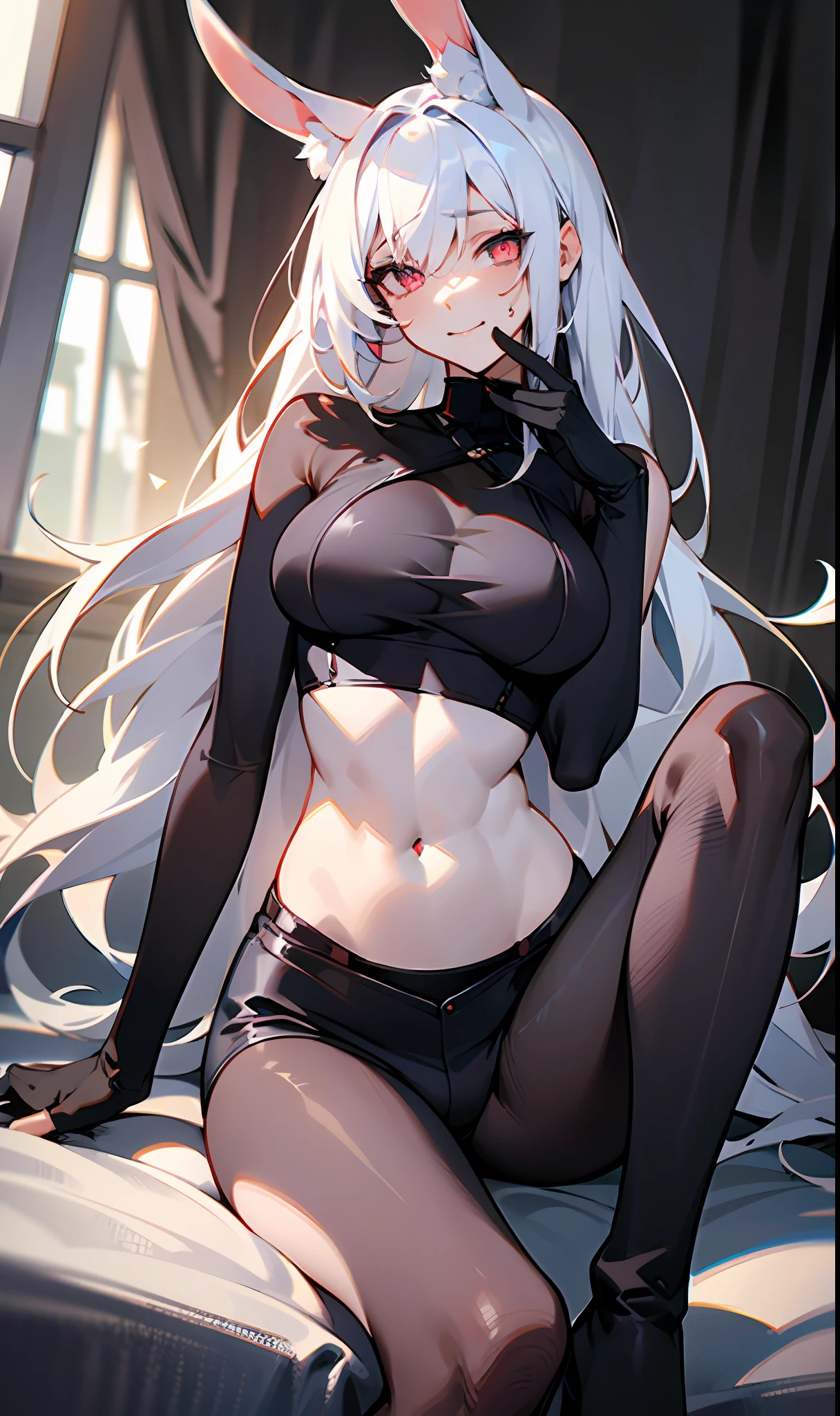 ((Masterpiece, best qualtiy))，exquisitedetails，simple backgound，Delicate light，Ray traching，Perfect texture, Kantai collection style, one-girl，white sleeveless vest，Black super shorts，Black gun belt on the upper body，Chest strap fixed gun strap，Crop topping，Strangle，leg loops，blackstockings，black military boots，Red pupils，Glowing pupils，Exquisite facial features，long leges，Elaborate Eyes，Leaking out of the stomach，contempt eyes，evilsmile，Gloomy environment，voluptuous figure，Large of breast，Thin waist，Tall guy，抖S，Royal Sister，full body shot shot，White skin，Long white hair，Rabbit ears，Narrowing of the skin，Strangulation，mitts，Black clothing，Foot shot，Seductive action，Look down，Positive perspective，Show the legs，Reasonable body posture，Slim abs，Show boots，The right proportions，Correct limbs，Reasonable body posture，Royal Sister，Tall guy，There is nothing on hand，Wear a black gas mask，Earphone，Dress revealingly，Broken clothing，Tall figure，Feet