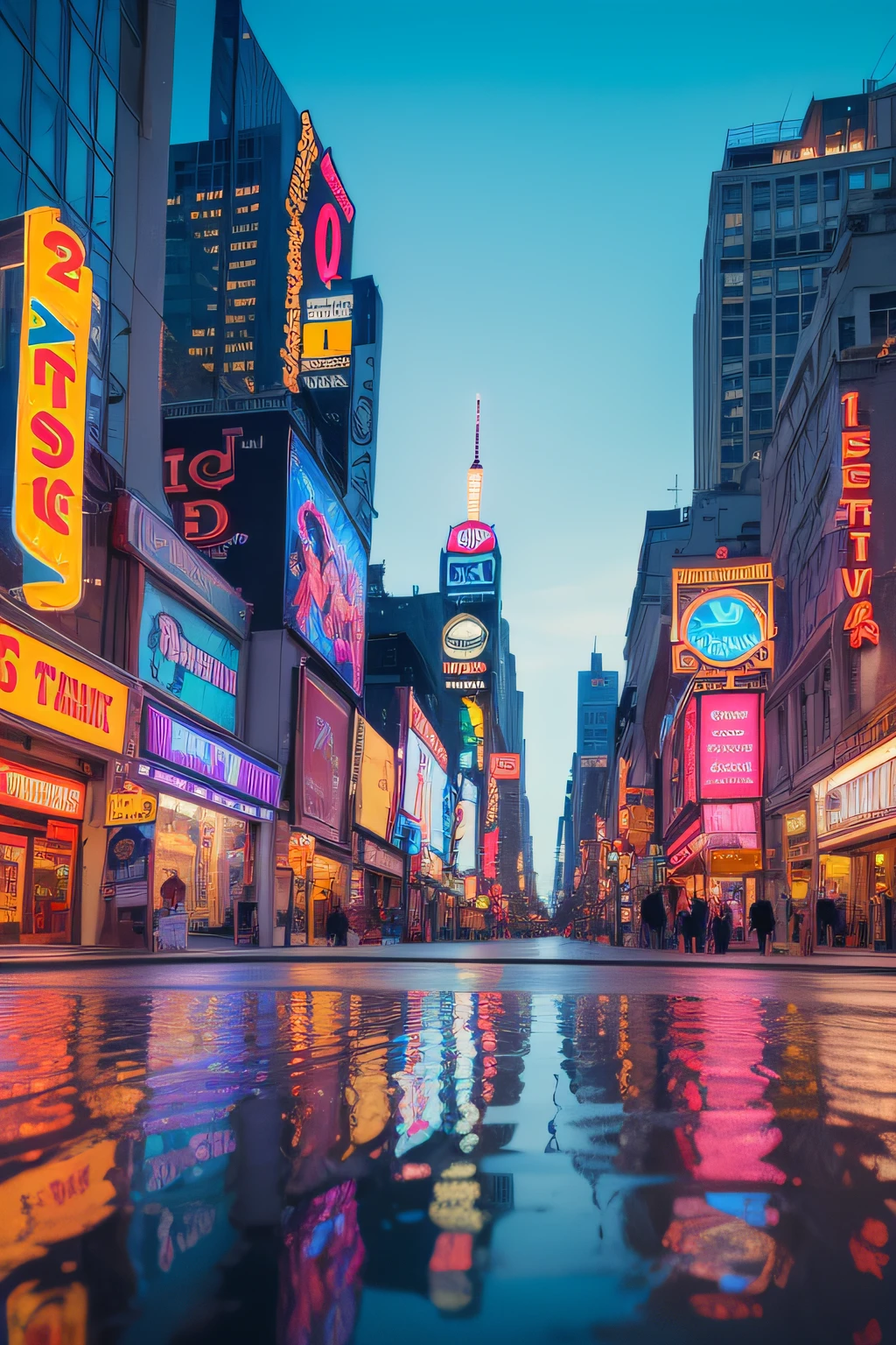 BROADWAY STREET avenue by day, neon, illuminated, hyperrealistic, details, reflection in the water
