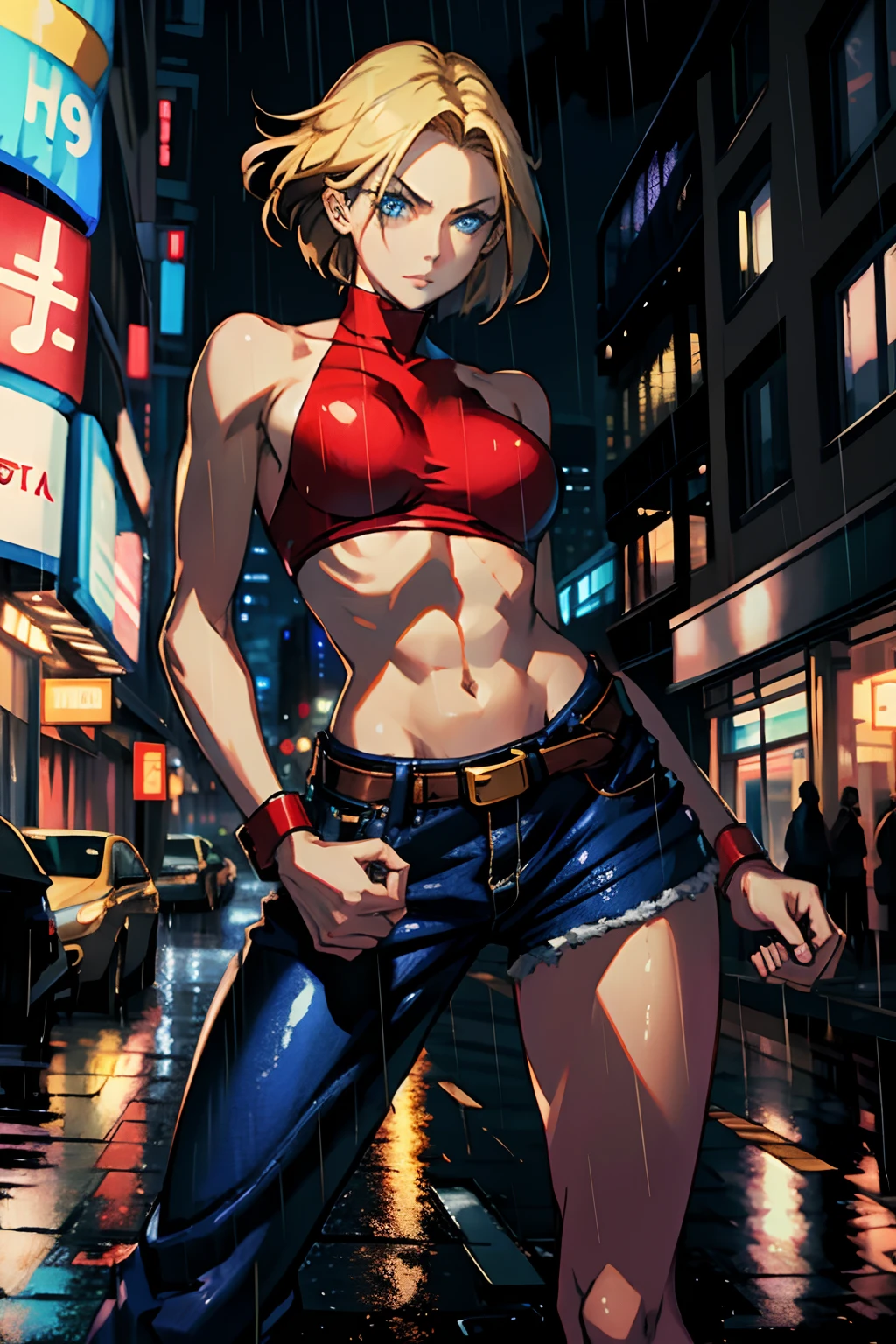 maryms,Best Quality,(beauty),masterpiece,  1girl,phisically-based render ,ultra highres,narrow waist, skinny,big eyes,long legs,(small breasts),puffy eyes, night,(rainy city), shiny skin, facing viewer, fighting stance, (make a fist),firm expression,