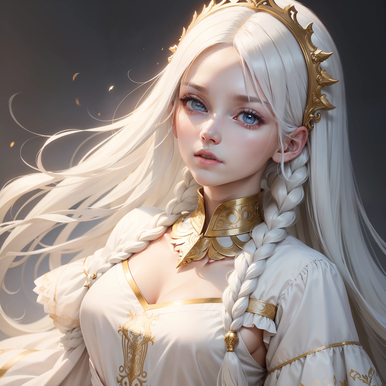 best quality, masterpiece,white hair, gold eyes,white clothes, looking up, upper body,hair strand,Fair skin,side braids