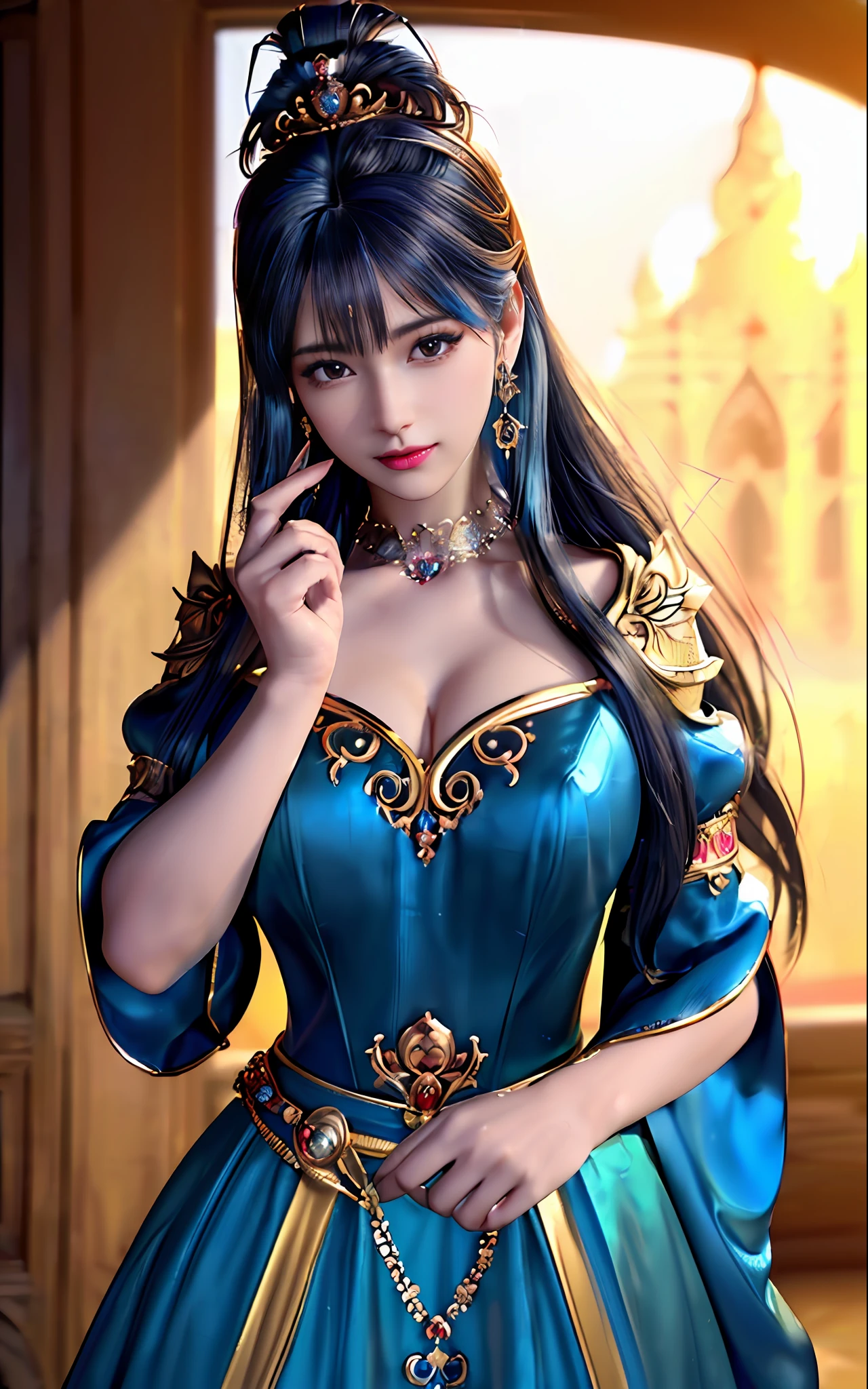 ((realisticity: 1.2)), ((best resolution: 8K UHD)), best quality,masterpiece,highres,cg,
((1 super detailed and super realistic girl)), ((very beautiful queen dazzling, super realistic, and super detailed)),((white skin, beautiful, smooth, youthful, super realistic and super detailed
)), long hair, ((super realistic and super detailed dress)), solo, ((super realistic, super beautiful, gorgeous and super detailed jewelry)), ((super beautiful, super realistic and super detailed dark red and golden yellow dress)),
((super beautiful, super realistic, super detailed diamond filled earrings)),
  ((super beautiful, super realistic and super detailed diamond filled hair ornament)), ((super beautiful upper body, super beautiful, super realistic and super detailed)), ((big breasts: 2.5)), 
((super grand, super realistic and super detailed royal palace backgroun))
((super beautiful, super beautiful, super realistic and super detailed hair bun)), ((super beautiful, super realistic and super detailed blue hair)),
candid, Photograph, high resolution, 8k,Bokeh,