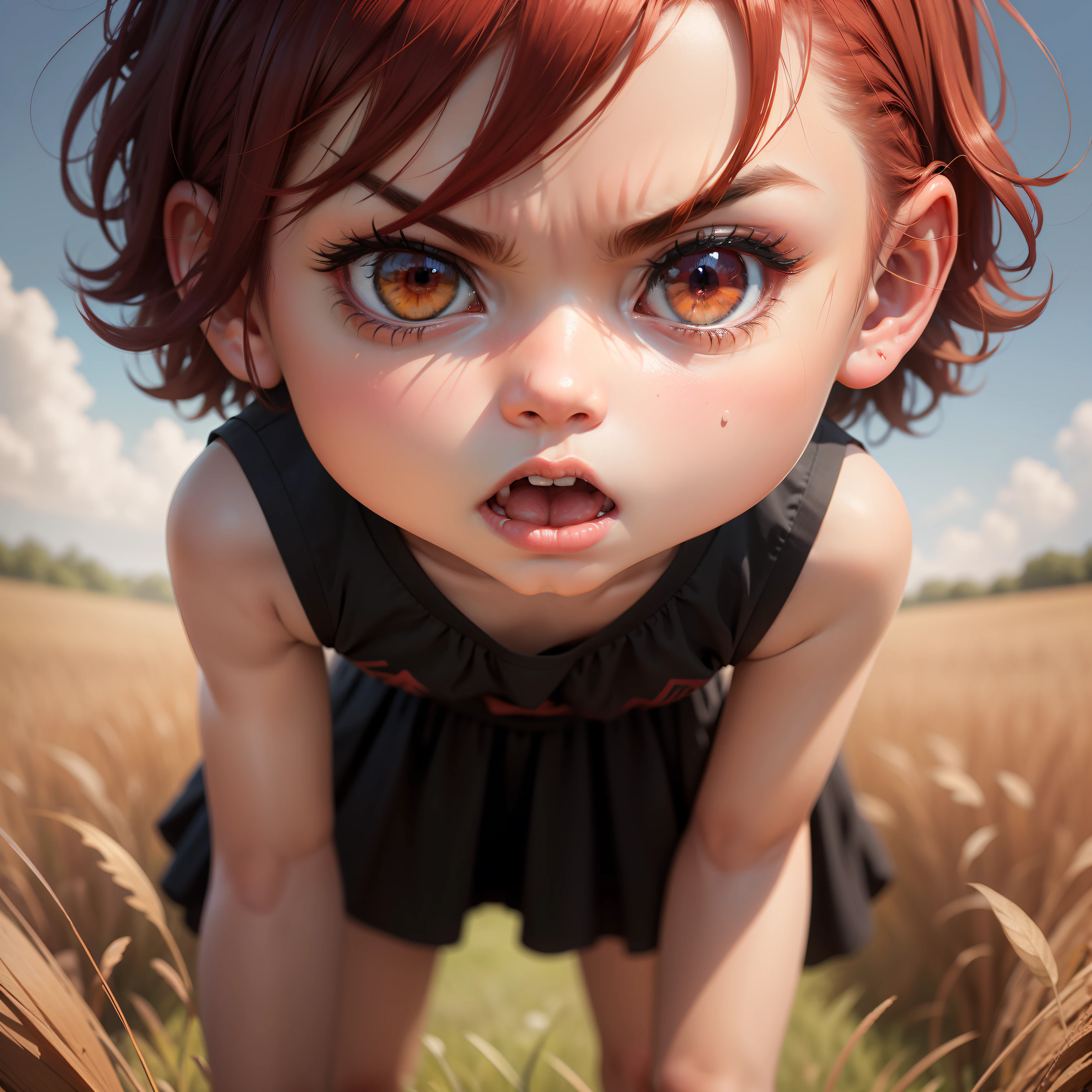 An angry, angry, angry, short-haired, red-haired, black-clad little girl, standing in the middle of a sun-soaked field. The illustration is a high-definition illustration in 4K resolution with highly detailed facial features and cartoon-style visuals.