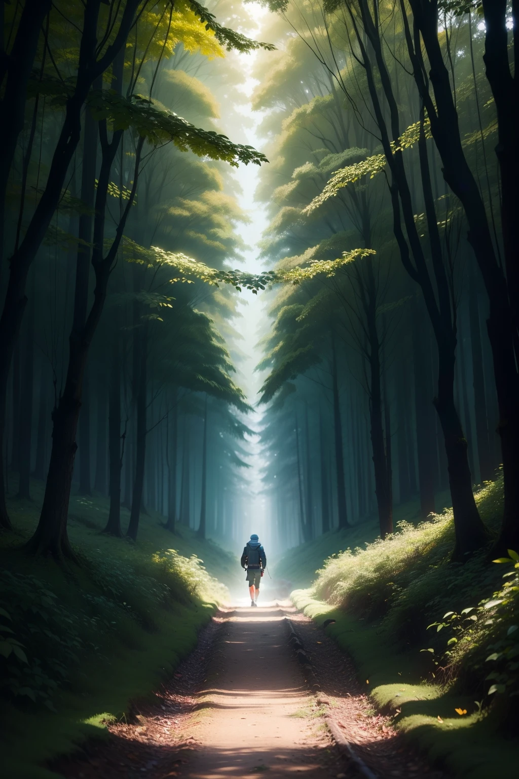 Imagem de Um Caminho na Floresta Escura: Um caminho sinuoso e escuro na floresta, com uma luz brilhante no fim, symbolizing the journey through hardships toward hope.