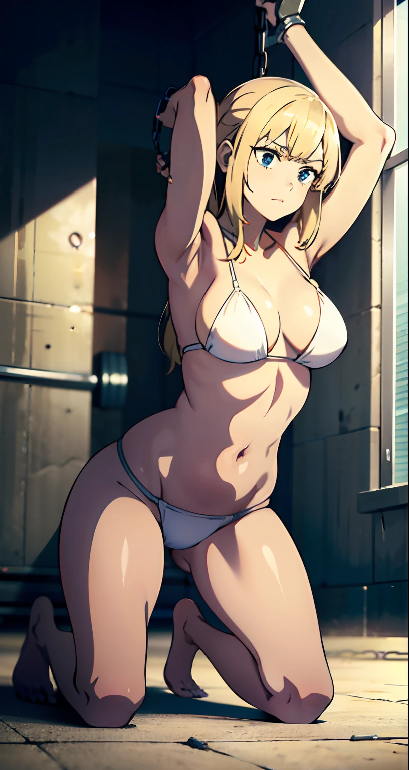 1girll,tmasterpiece,8K,Half realistic,4K,RTX,Shaders,inside of prison,Girl in handcuffs,Both arms were hoisted by chains,Incarcerated age girls,brilliant texture work,White bikini swimsuit,kneeling to sitting on the ground,Stroke the girl's belly,Poke the girl's navel with your hand,fearful expression,shyexpression