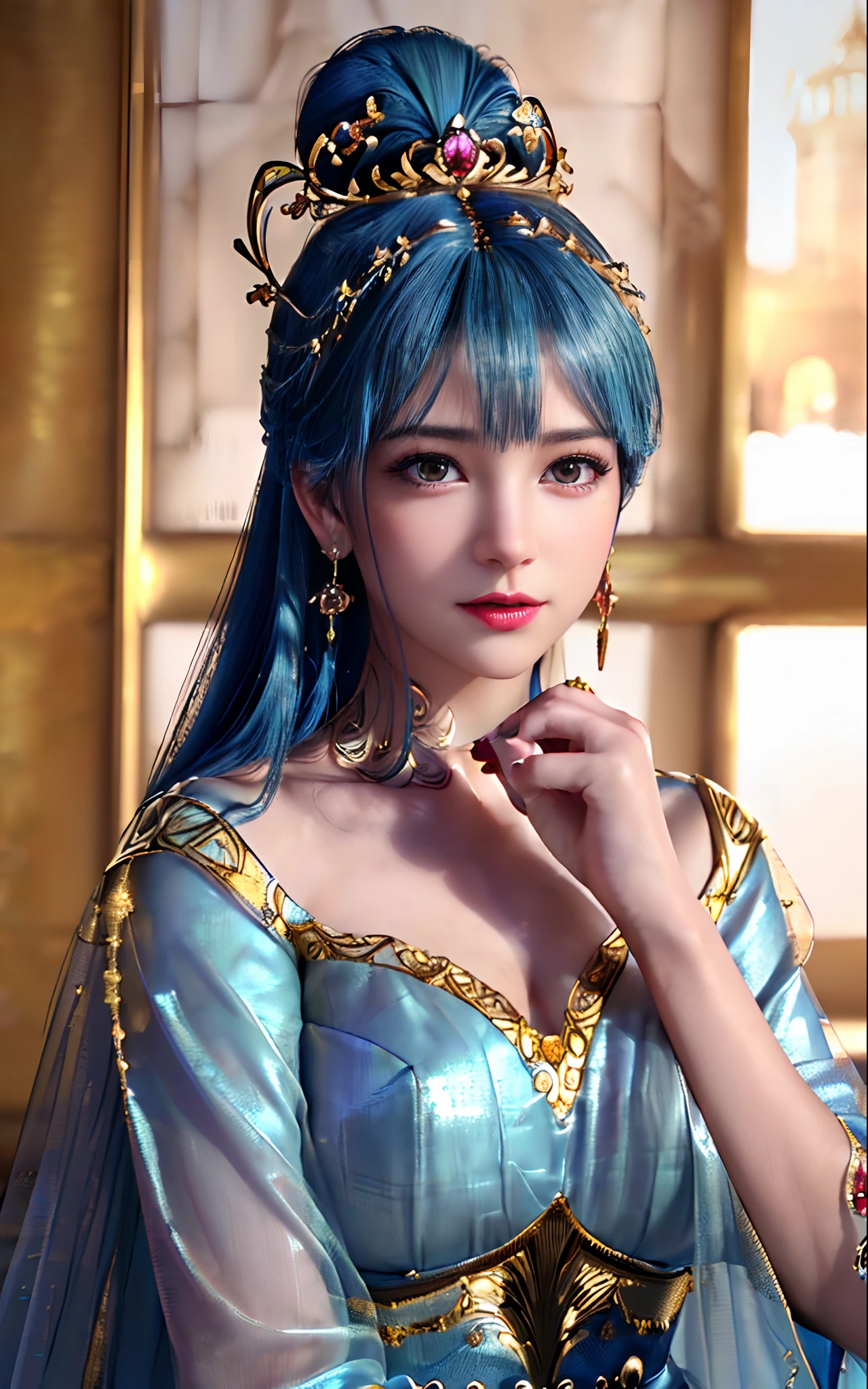 ((realisticity: 1.2)), ((best resolution: 8K UHD)), best quality,masterpiece,highres,cg,
((1 super detailed and super realistic girl)), ((very beautiful queen dazzling, super realistic, and super detailed)),((white skin, beautiful, smooth, youthful, super realistic and super detailed
)), long hair, ((super realistic and super detailed dress)), solo, ((super realistic, super beautiful, gorgeous and super detailed jewelry)), ((super beautiful, super realistic and super detailed dark red and golden yellow dress)),
((super beautiful, super realistic, super detailed diamond filled earrings)),
((super beautiful, super realistic and super detailed diamond filled hair ornament)), ((super beautiful upper body, super beautiful, super realistic and super detailed)), ((big breasts: 2.5)),
((super grand, super realistic and super detailed royal palace backgroun))
((super beautiful, super beautiful, super realistic and super detailed hair bun)), ((super beautiful, super realistic and super detailed blue hair)),
candid, Photograph, high resolution, 8k,Bokeh,