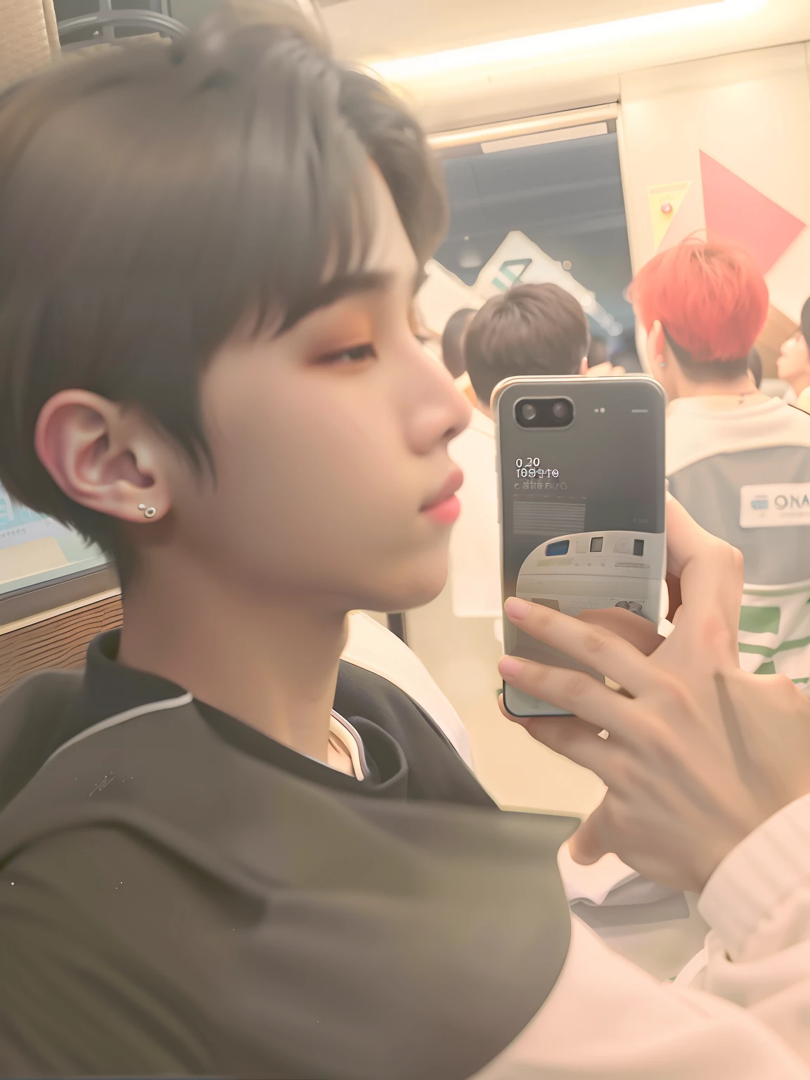 there is a man taking a picture of himself with his cell phone, Cai Xukun, taken in the early 2020s, profile picture 1024px, low quality photo, very very low quality picture, with headphone, Shin Jinying, Guviz, Profile picture, low quality footage, personal profile picture, Sitting on the train