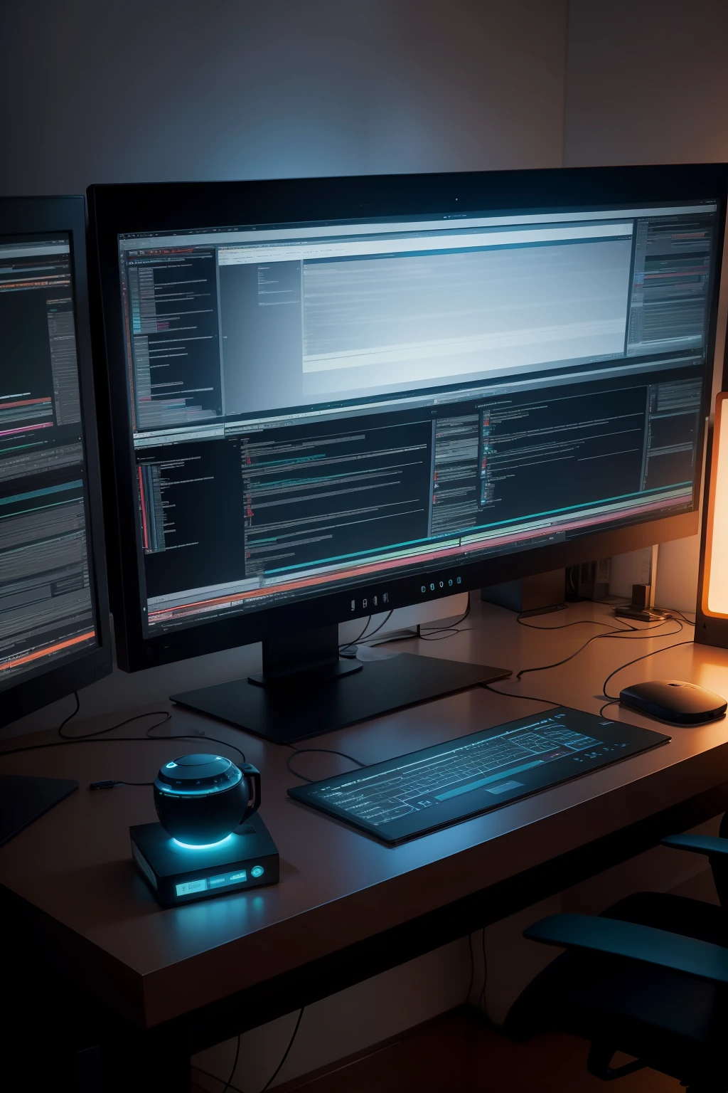 duas telas de monitor, Lines of on-screen programming code, sharpened details, Improved lighting, cores vibrantes, ambiente de trabalho futurista