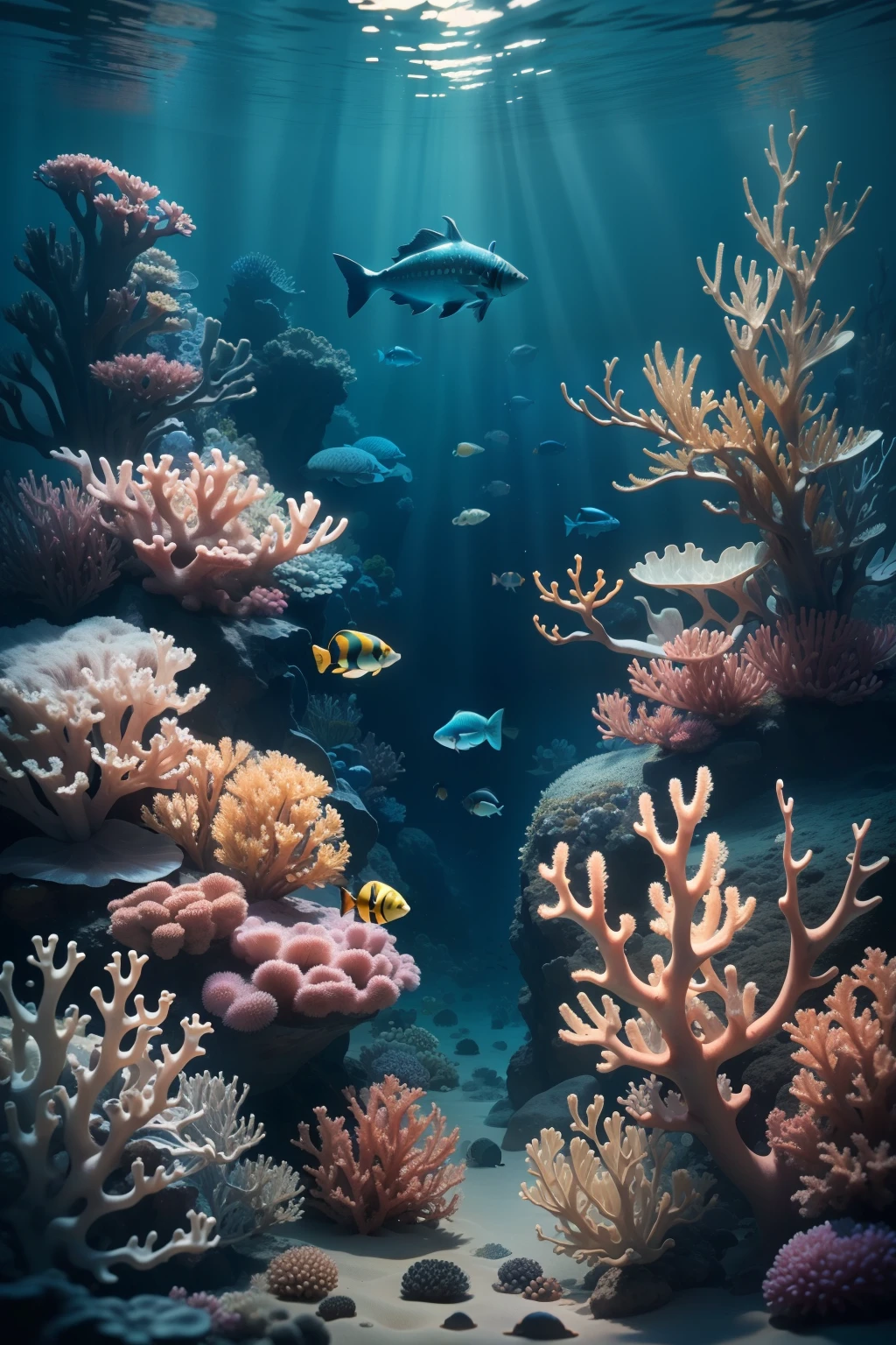 There is a fish that is swimming in the water, Peces nadando, profundidad asombrosa, Arrecife tropical, Paisaje submarino, Cinematic aquatic scene in the foreground, Paisaje bajo el agua, Medio ambiente submarino, Incredible depth, peces de colores, Mundo submarino, 4 K HD fondo de pantalla muy detallado, Peces, arrecife de coral, Escena submarina, submarino, escena submarina profunda, Vida submarina, Medio ambiente submarino, Peces nadando