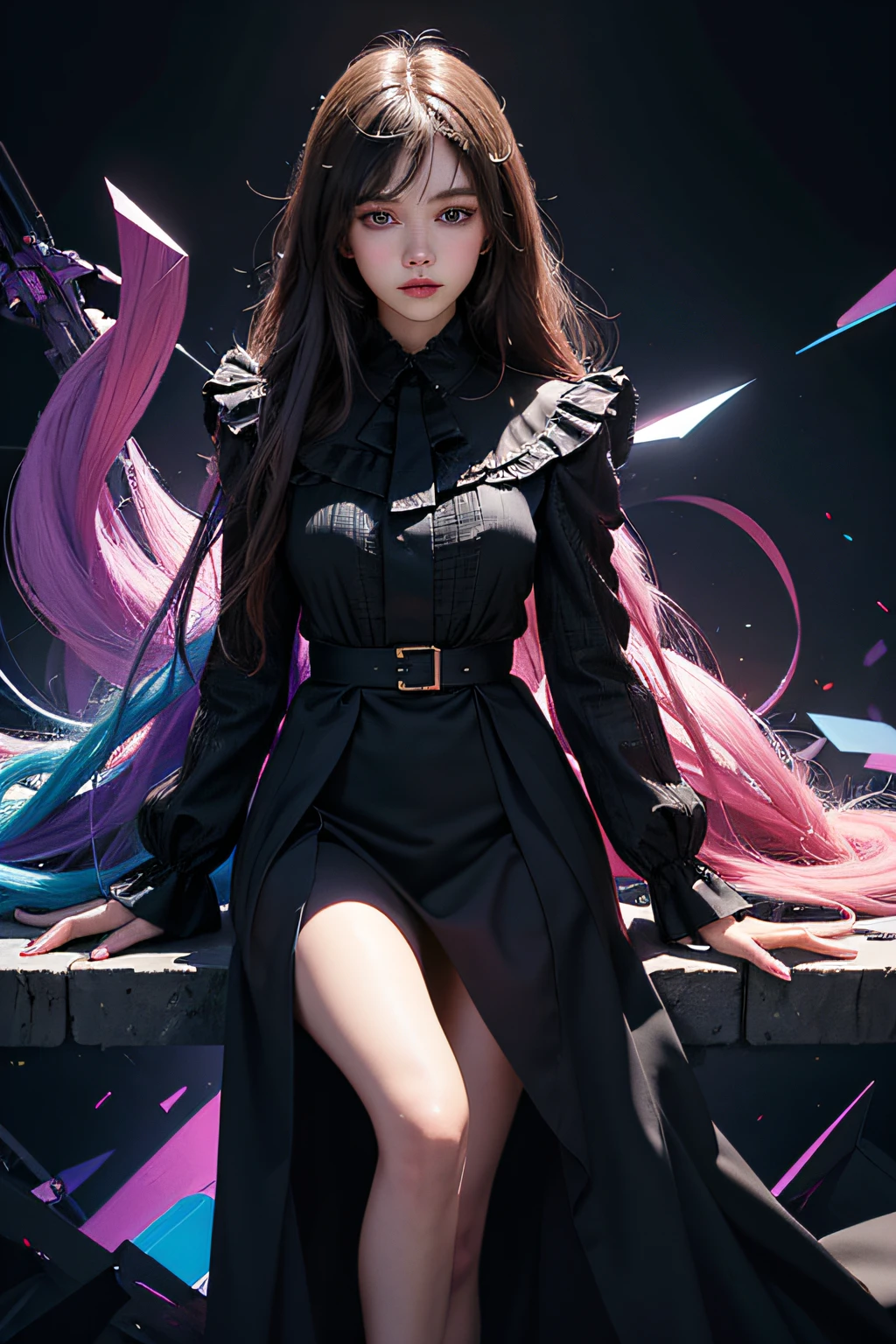 （Front focus），（In the dark：1.6），full-body portraits，
（tmasterpiece，top Quority，optimum，offcial art，Beauty and aesthetics：1.2），（tmasterpiece，top Quority，best qualtiy，offcial art，Beauty and aesthetics：1.2），（tmasterpiece，top Quority，best qualtiy，offcial art，Beauty and aesthetics：1.2），1girll，Fault art，（Digital distortion），pixelated fragments，corrupted data，Color noise，visual chaos，contemporary aesthetics
