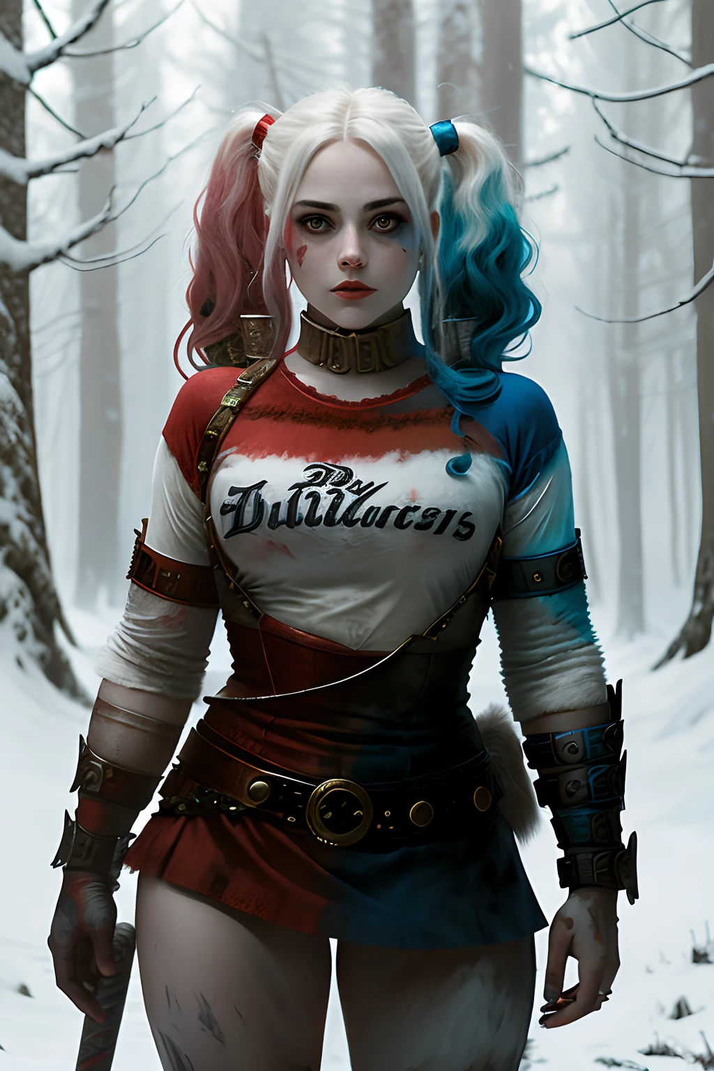 painting of 1girl as nordic viking warrior, fullbody, 1girl, harleyquinn, twintails, multicolored hair, red dress, detailed skin, fantasy, snowy nordic forest, modelshoot style, (extremely detailed CG), photo of beautiful artwork, (Antonio Moro), (Jeremy Mann), High Detail, Sharp focus, dramatic, oil painting, realistic