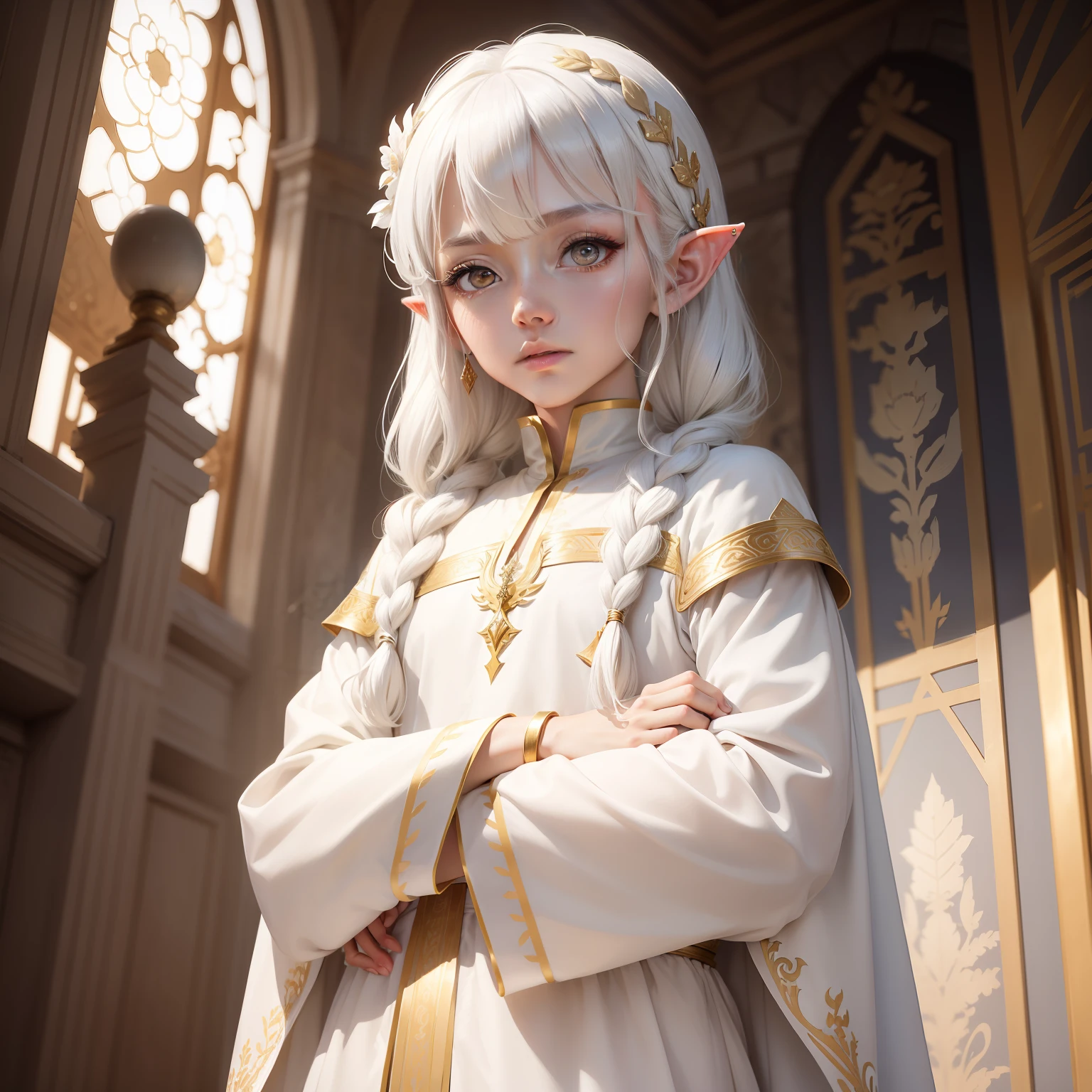top-quality、masterpiece、white hair、Gold Eye、white clothes、look up to、The upper part of the body、Hair strands、light skinned、Side braid、elvish、bewitching