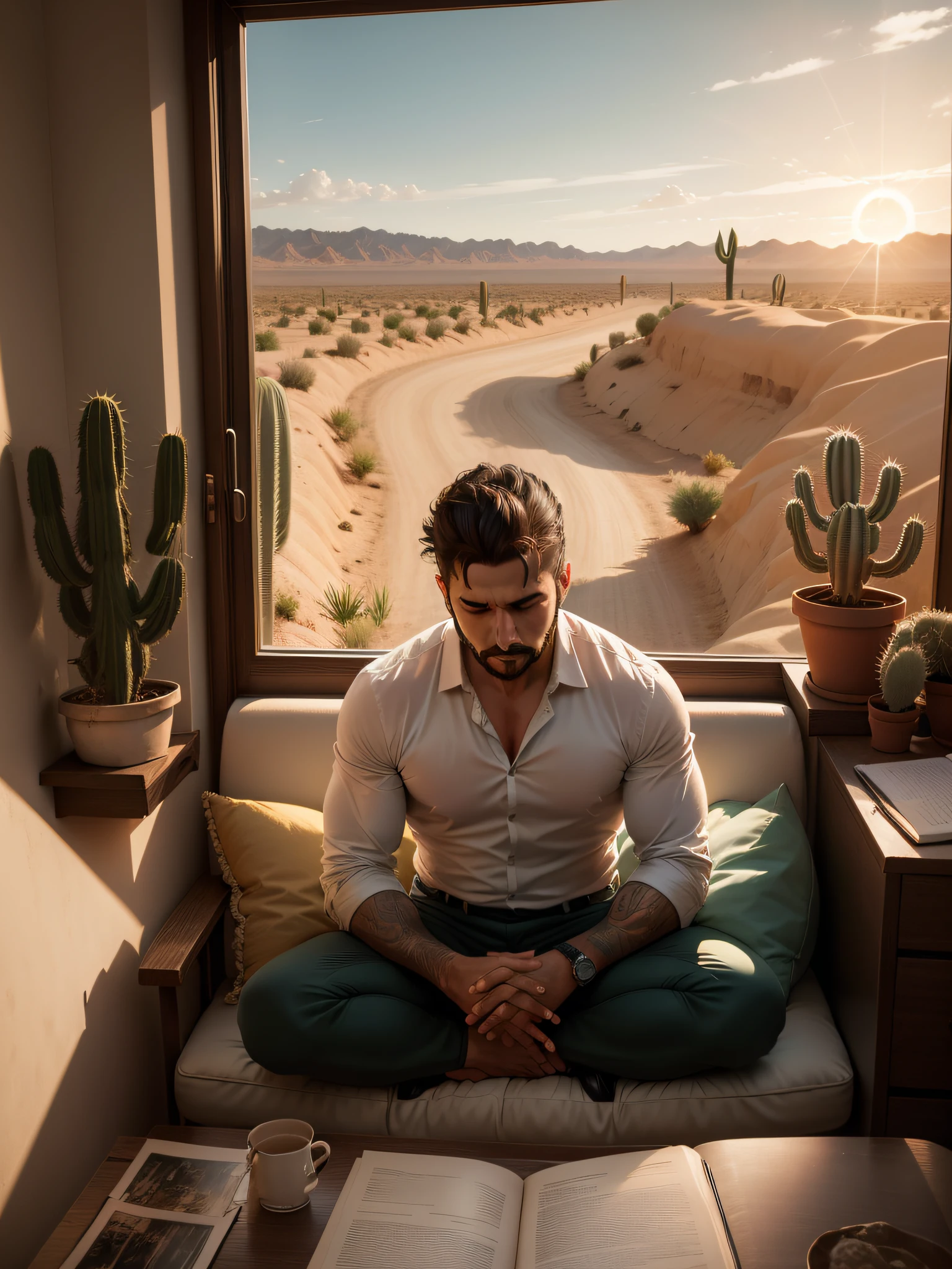Na cena pitoresca do deserto mexicano, onde belas vistas de cactos se estendem ao lado de uma estrada de terra, a man is immersed in study and contemplation. Dressed simply and with a concentrated expression, he's sitting next to the cactus, with the Bible open in your hands. The first rays of the morning sun illuminate the page and the cactus, criando uma atmosfera serena e tranquila. As the dirt road stretches to the horizon, o homem mergulha nas palavras sagradas, seeking spiritual connection and wisdom as majestic nature and clouds paint a stunning backdrop in the background. O espinho do cacto, feito de detalhes minuciosos, it's a visual reminder of the resilience and trials life can offer, enquanto o saguaro, with its imposing presence, it seems to testify to man's commitment on his journey of self-discovery and faith.
