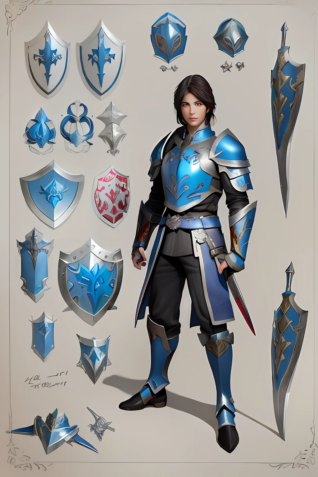 Image of Arafeld of a woman in armor holding a sword and shield, blue and ice silver color armor, Blue armor, Dragon inspired blue armor, Blue leather armor, very stylish fantasy armor, pale blue armor, expert high detail concept art, warrior character design, Fantasy armor, A human male paladin, Concept armor, high quality character design