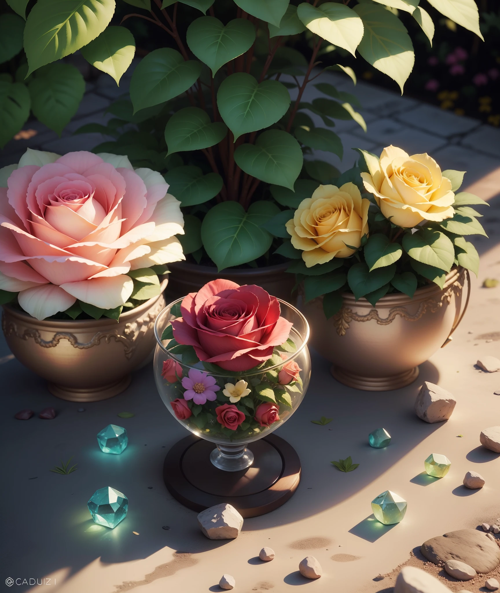 Flores realistas e rosas de cristais coloridos, Pedras preciosas, jardins como tesouros de ouro, hiper realistas, Super realista, 8k, flores e rosas de diamantes coloridos, realistas.
