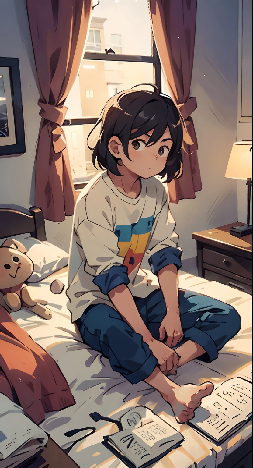 men, medium hair length, looking to the window, sitting on bed ,full body, night, in a room, night scene,