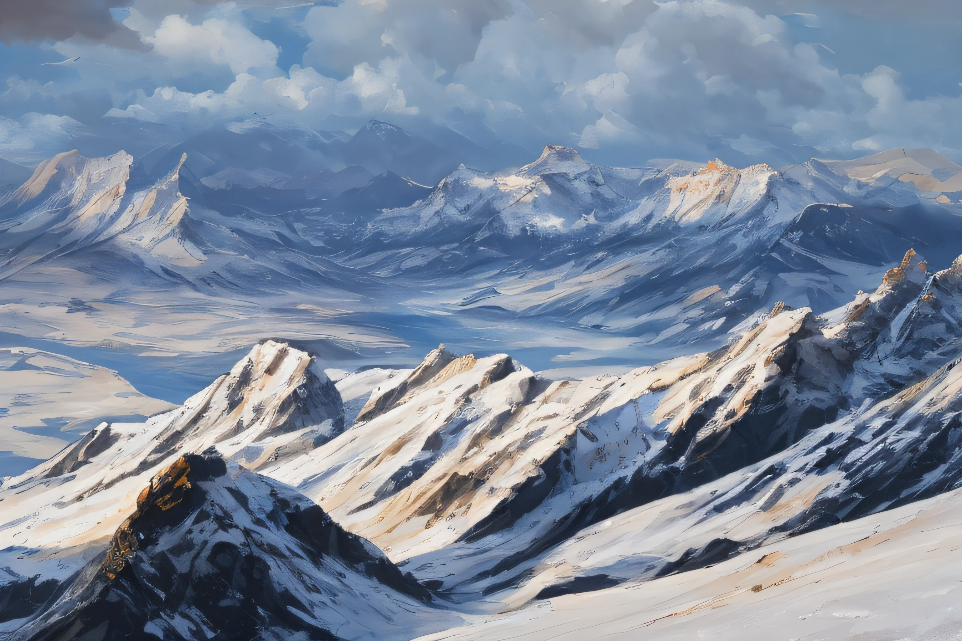 samdoesarts style. physical palette knife painting, thick Oil paint, stunning landscape, vast scale, soft colors, muted contrast, extremely detailed and intricate. rocky mountains,
view from the mountain ridge, God rays, sharp focus