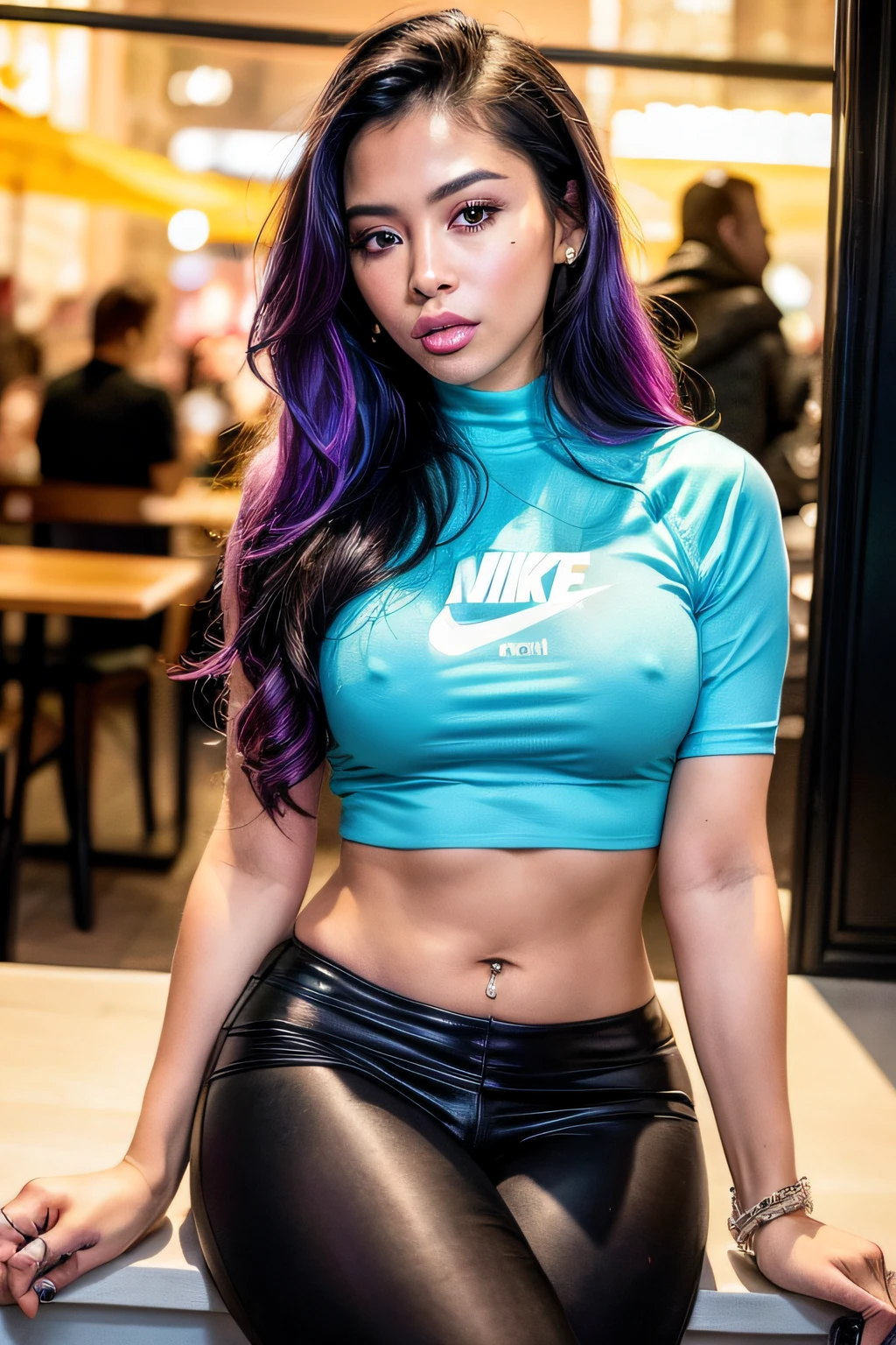 (8k, best quality, masterpiece:1.2), (realistic, photo-realistic:1.37), Ultra-detailed, a close up of a Melaninated Caramel skin ebony woman with a tattoo on her arm Taking a Instagram Selfie at the mall food court with a friend, cyberpunk art style, bright cyberpunk glow, ((((Instagram Hair stylist, Instagram stories)))), dreamy girl, Hype williams aesthetic, ross tran 8k, rossdraws pastel vibrant cute, solo, beautiful detailed sky, detailed nike Sweatsuit Crop top, sitting at a restaurant, dating, blushing, (smile:1.15) , small breasts, beautiful detailed eyes, beautiful detailed nose, rain, (city girls hair:1.5), ((relaxing pose)), squinted eye, thin eyebrow, mature face, full shot body, Streetwear, Nike outfit, sweat pants, rim lighting, blue light, long legs