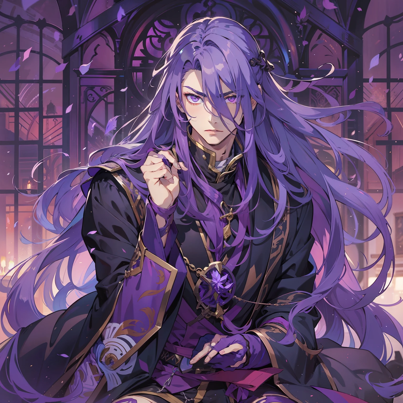 man, Adult, long purple hair, handsome, seductive, attractive gaze, male gender, medieval, arcane, gakupo kamui, purple eyes, male, man, lord, man, boy