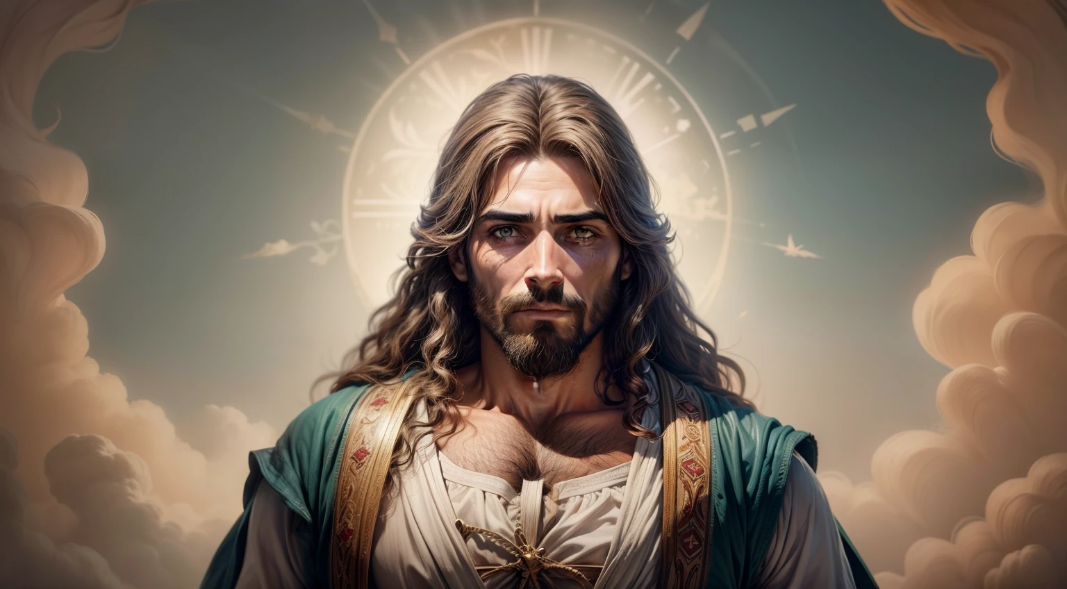 uma imagem de Jesus, imponente, barba grande